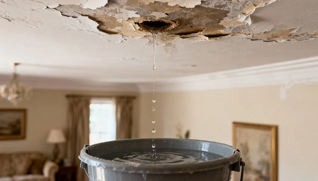 image of water dripping from a damaged ceiling into a gray bucket