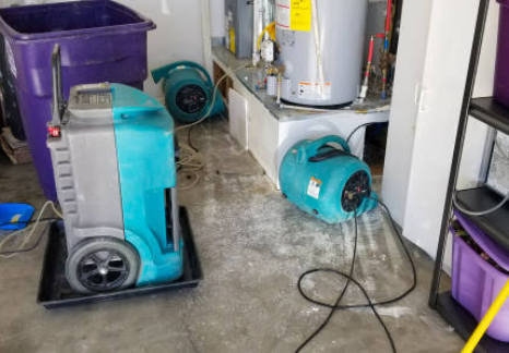 image of dehumidifier and blower fans drying water around hot water heater
