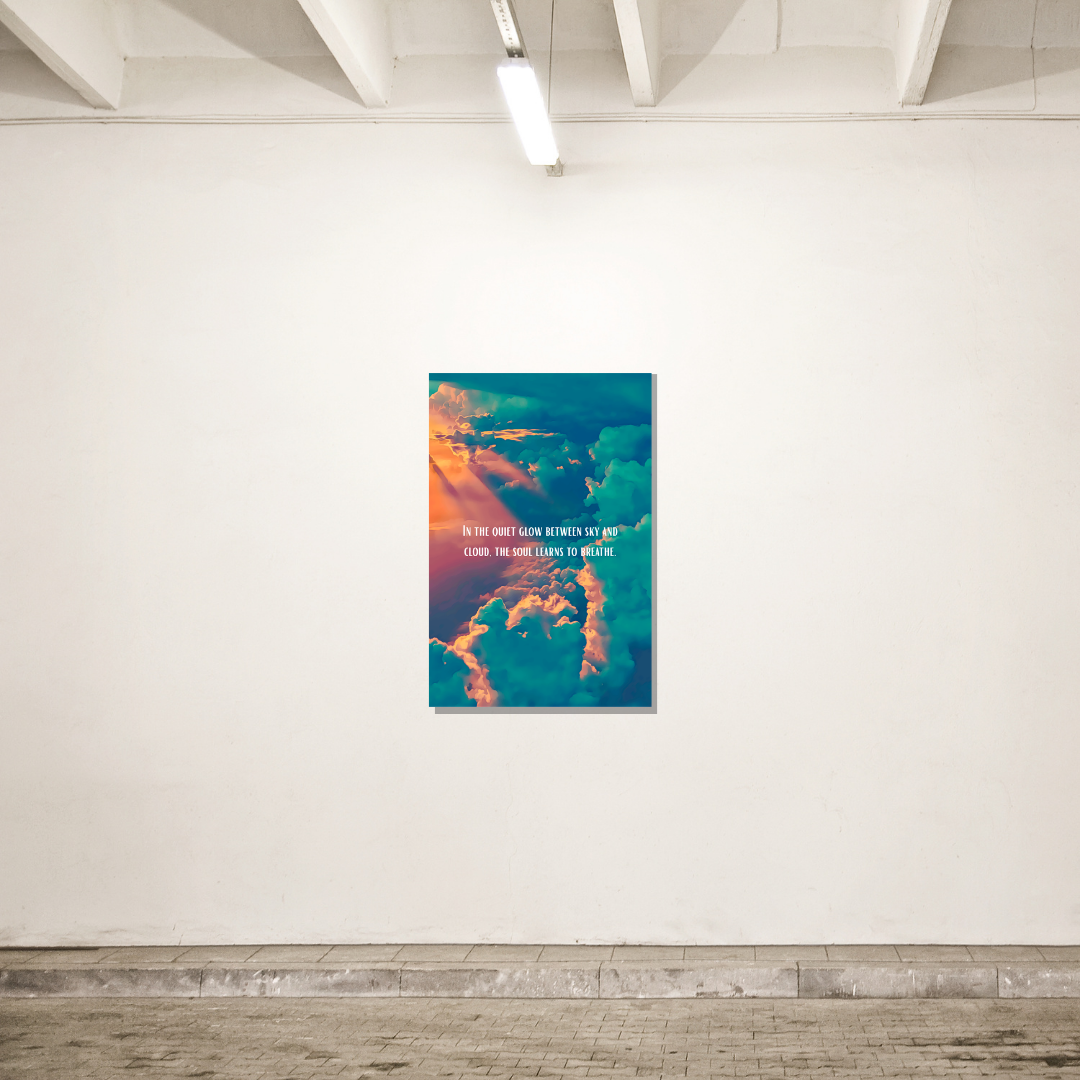 A vertical framed artwork hangs on a white gallery wall, featuring colorful clouds and a quote about the sky and the soul.