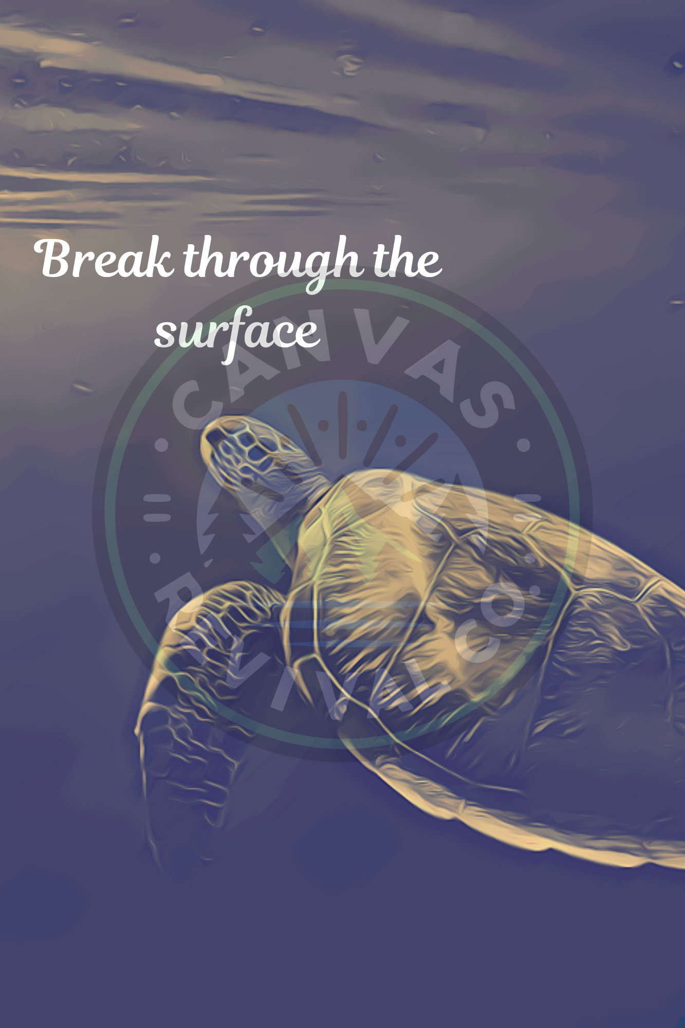 A digital illustration of a sea turtle swimming in the ocean with the text 'Break through the surface' overlaid.