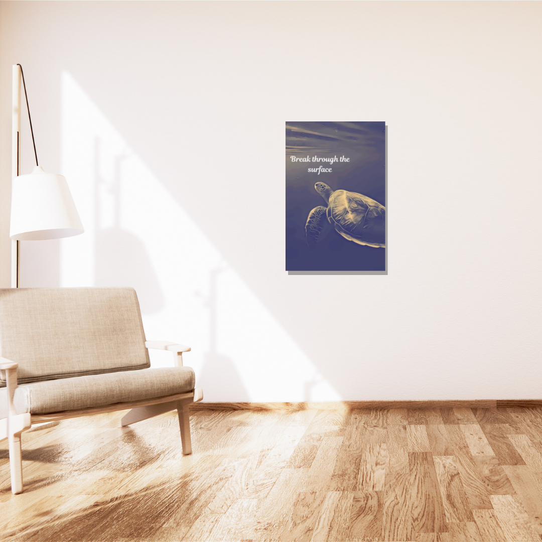 Modern living room with a beige sofa, a white floor lamp, and a dark blue poster on the wall featuring a turtle and the motivational phrase "Break through the surface."