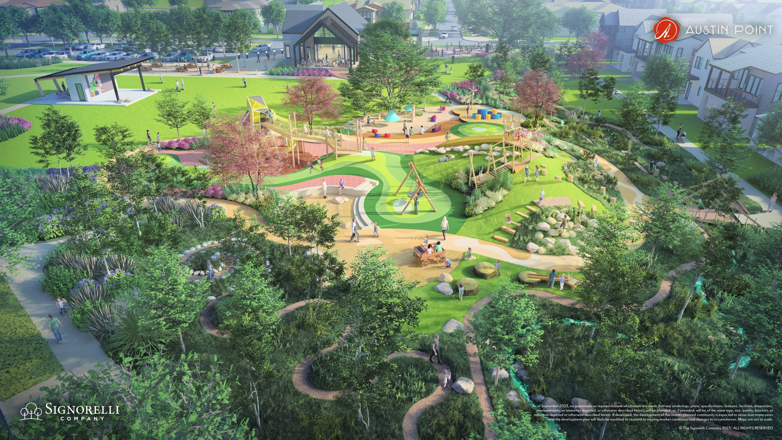 Rendering of Austin Point showcasing family-friendly park, shaded pavilion, and scenic walking paths