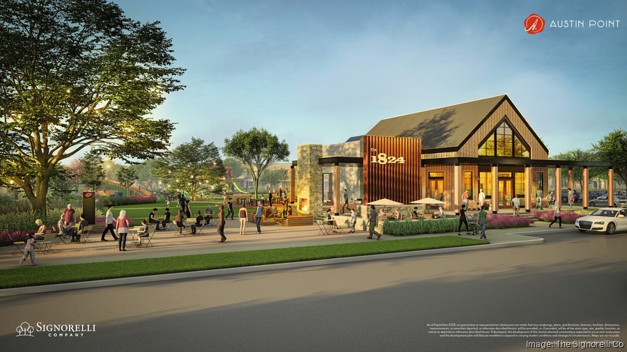 Rendering of The 1824 community center at Austin Point featuring café, outdoor seating, and vibrant community gathering space