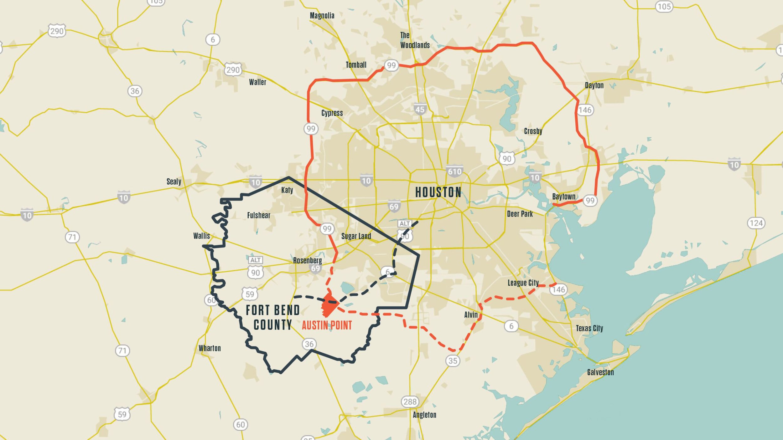 Map showing Austin Point’s location in Fort Bend County relative to Houston and surrounding areas
