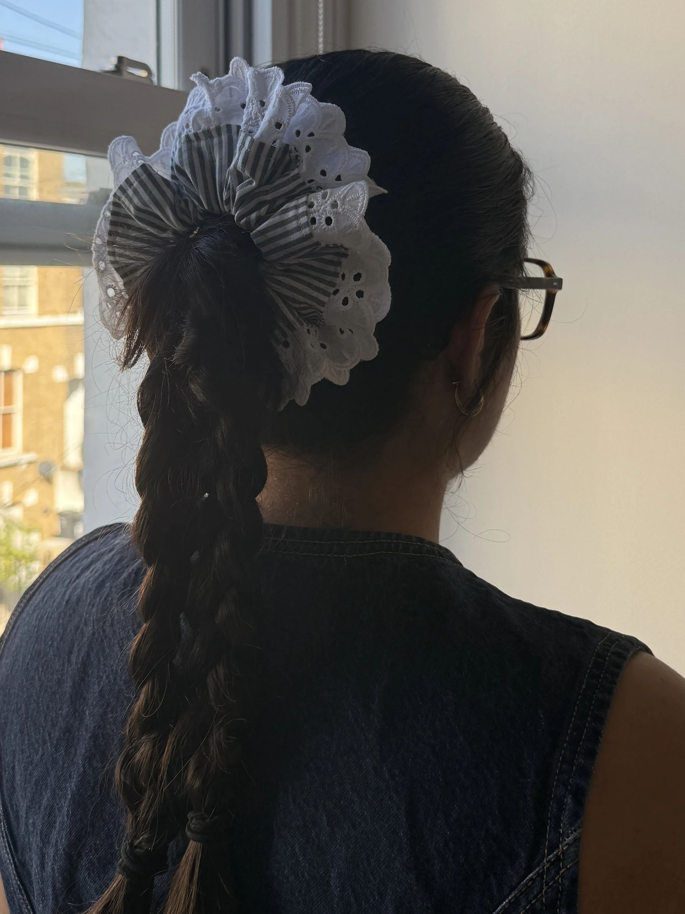 White and Green Stripe Lace Trim Scrunchie