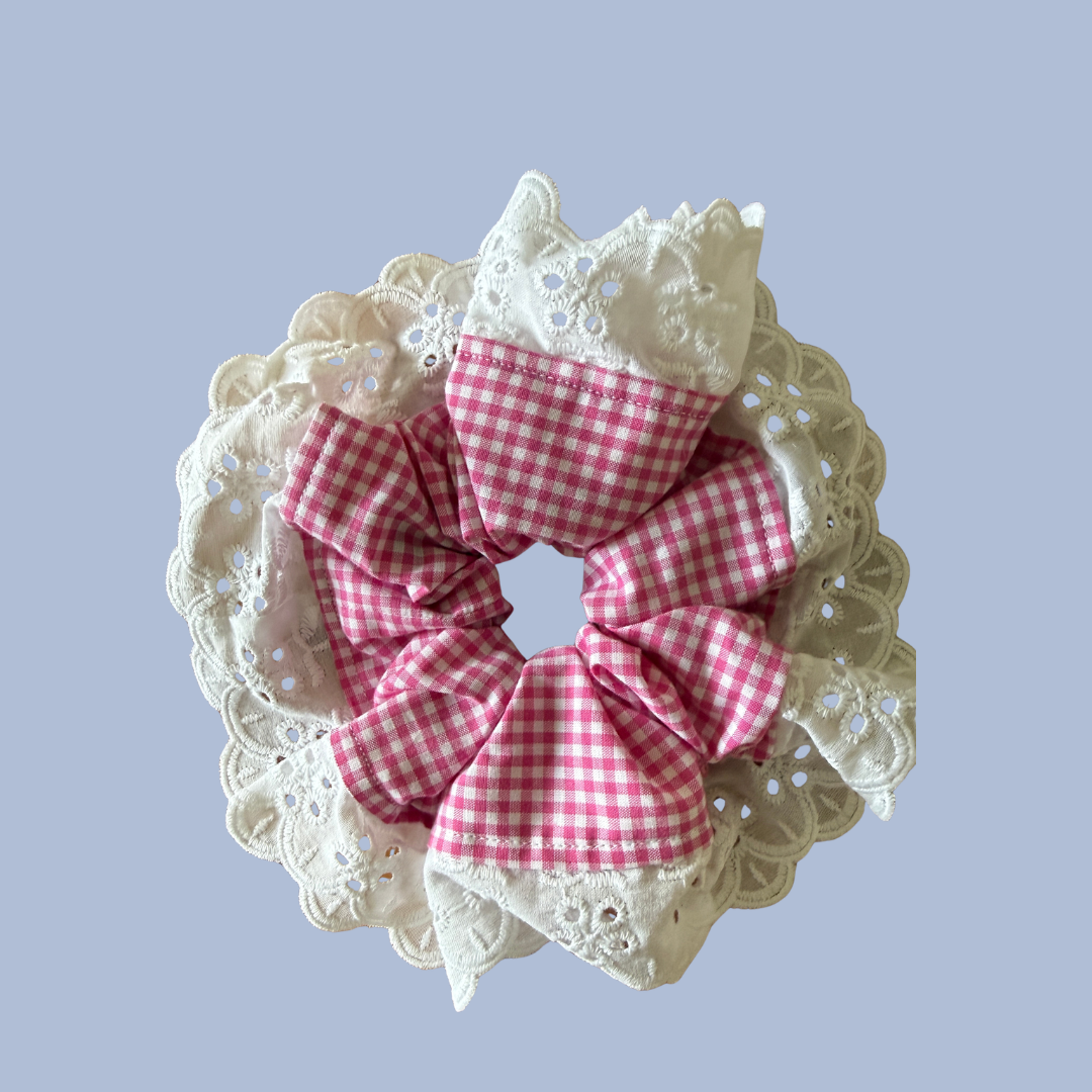 Pink Gingham Lace Trim Scrunchie