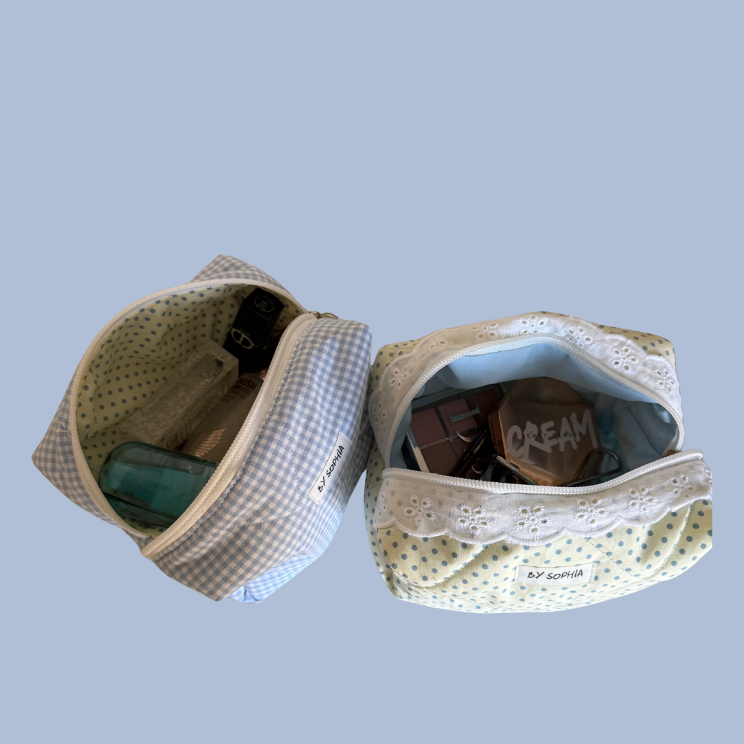 Blue and White Gingham Makeup Bag