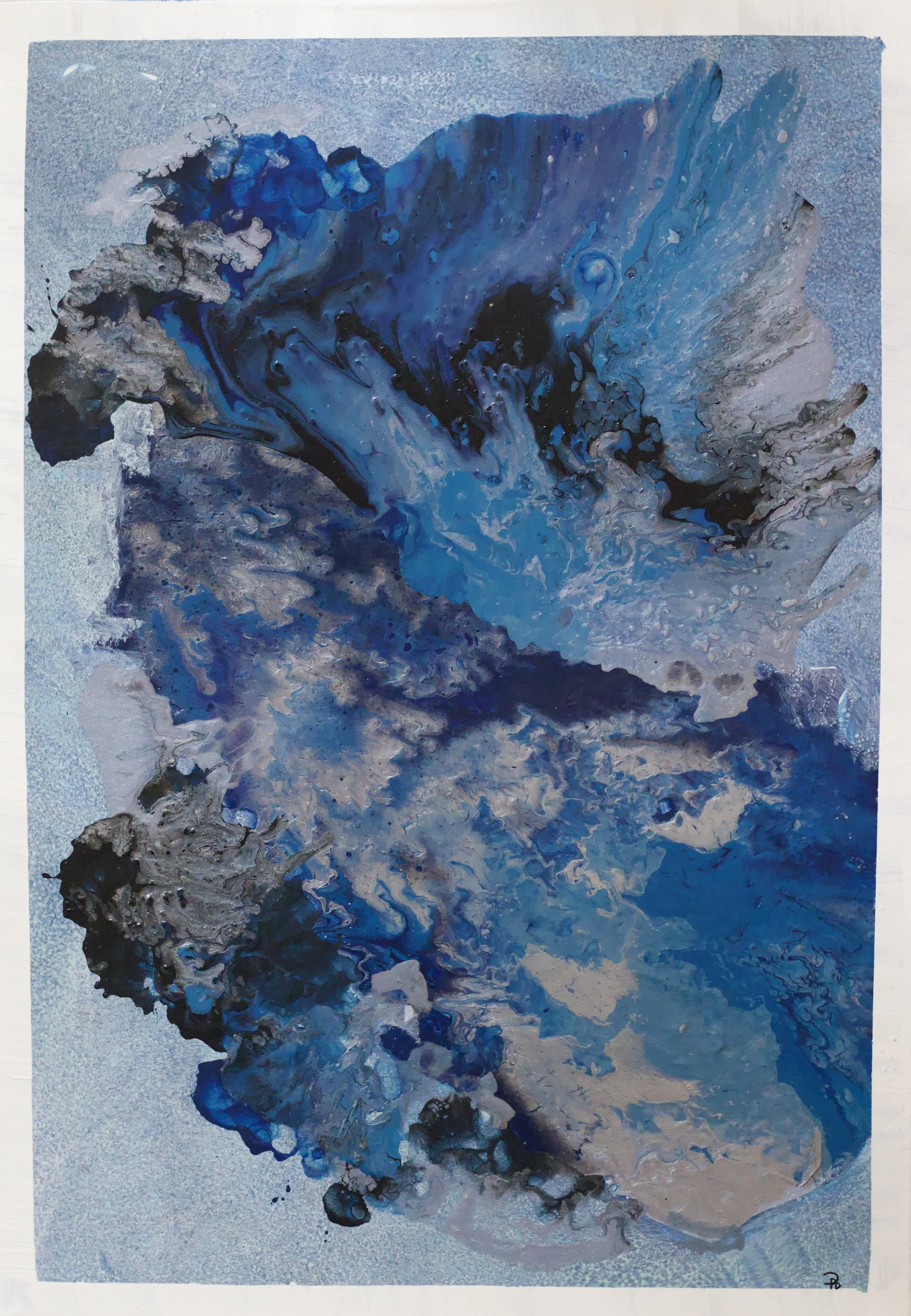 Abstract painting with swirling shades of blue, black, gray, and hints of white, resembling a cosmic or underwater scene.