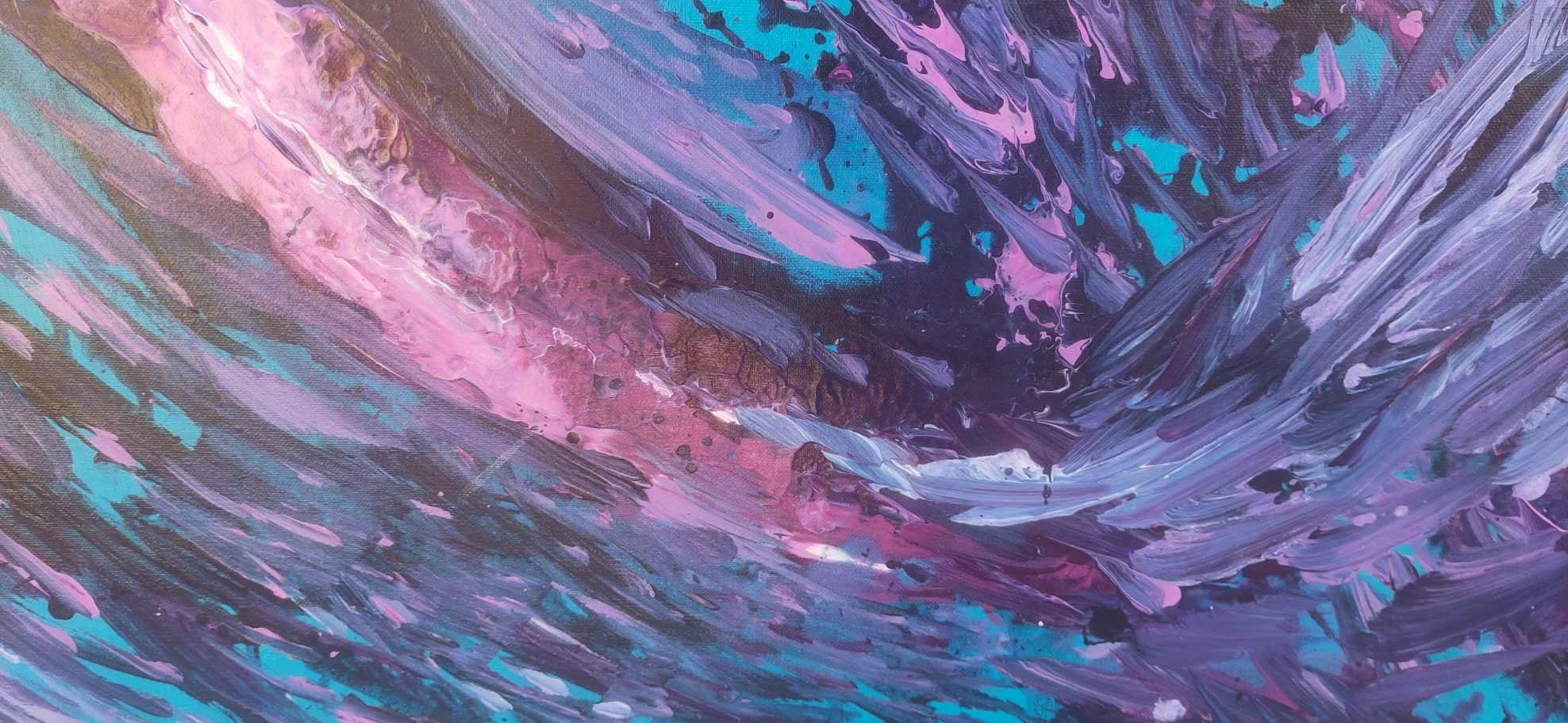 Abstract painting with shades of pink, purple, blue, and black with bold brushstrokes.