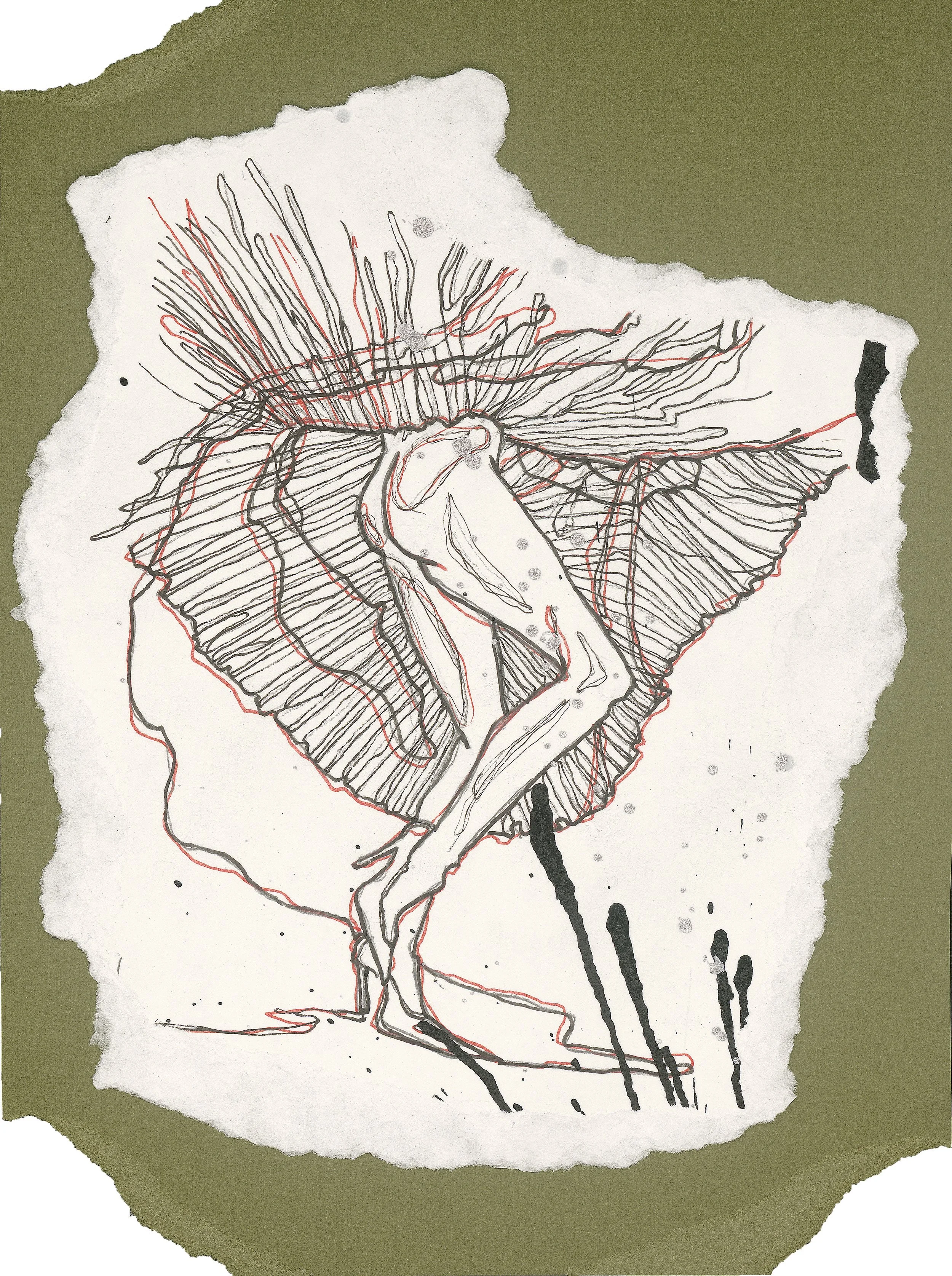 A print of a woman's legs, clad in high heels, showing from underneath her dress.