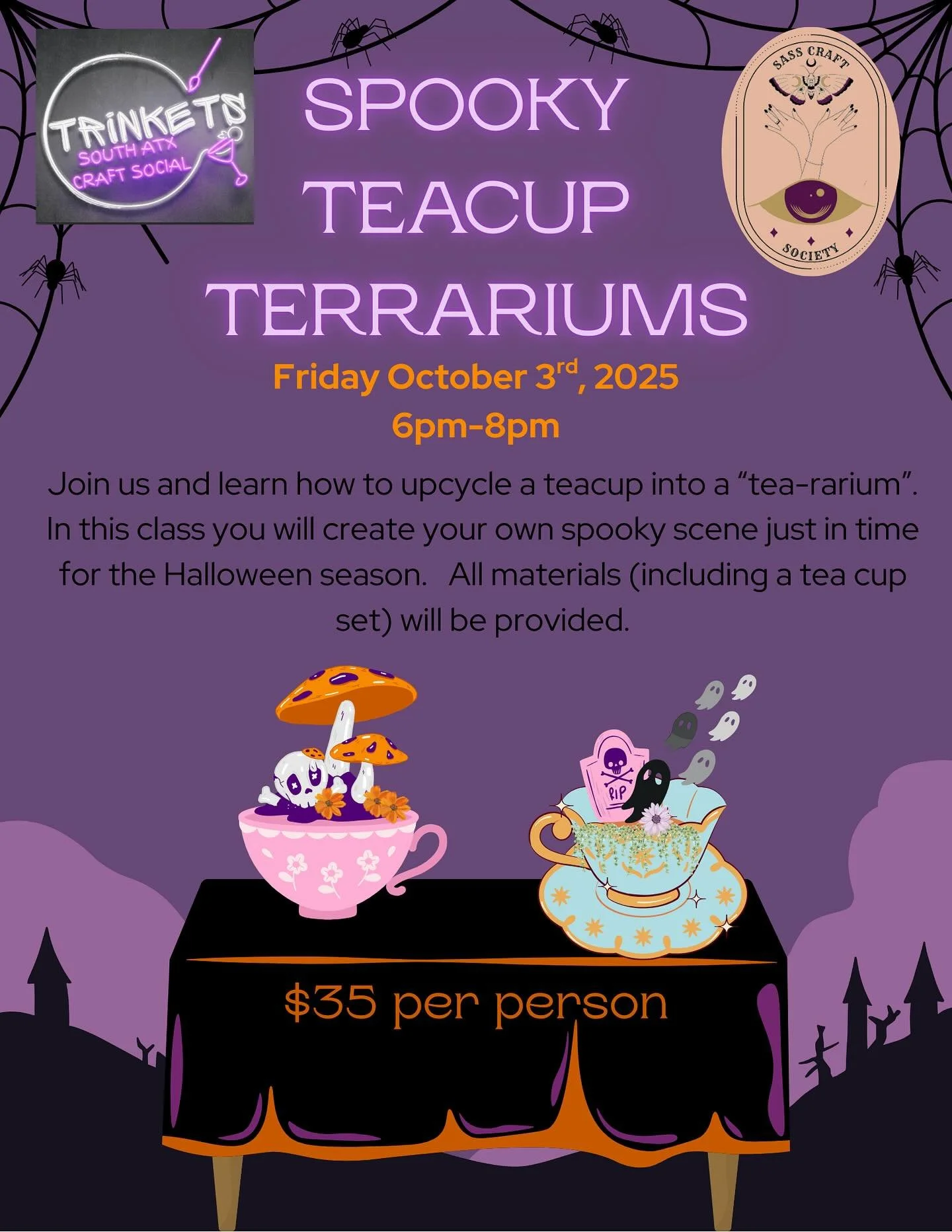 Get ready for Halloween by diving into a trio of spooky and creative craft sessions with Trinkets ATX Craft Social! All materials are provided, so just bring your creative spirit.

Spooky Craft Classes:

* Spooky Teacup Terrariums w/ @sasscraftsociet