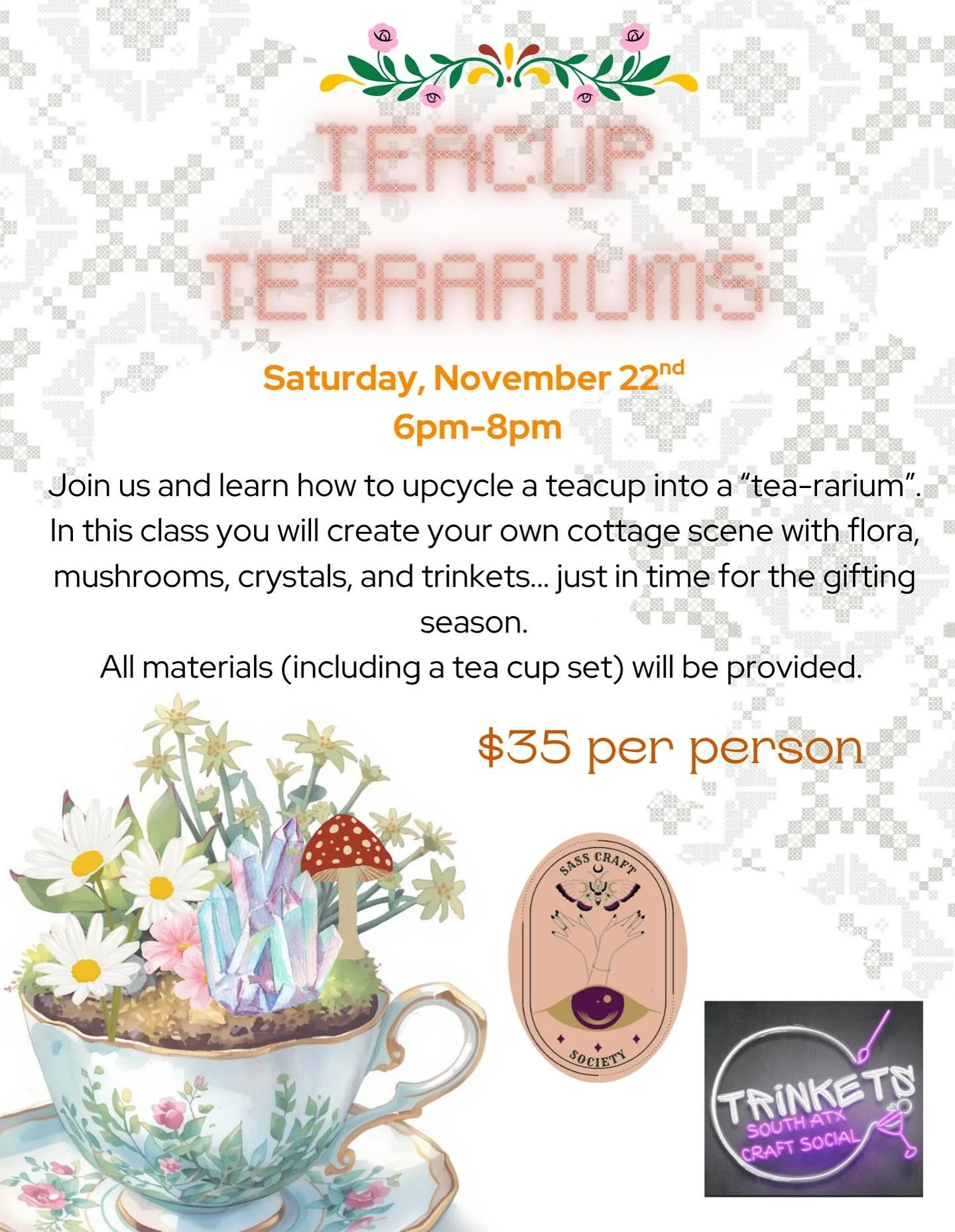 Teacup Terrariums Workshop! 🌸🍄✨

Join us and learn how to beautifully upcycle a classic teacup into a magical &ldquo;tea-rarium&rdquo; with Sheena from Sass Craft Society! @sasscraftsociety 

In this delightful class, you will design and create you
