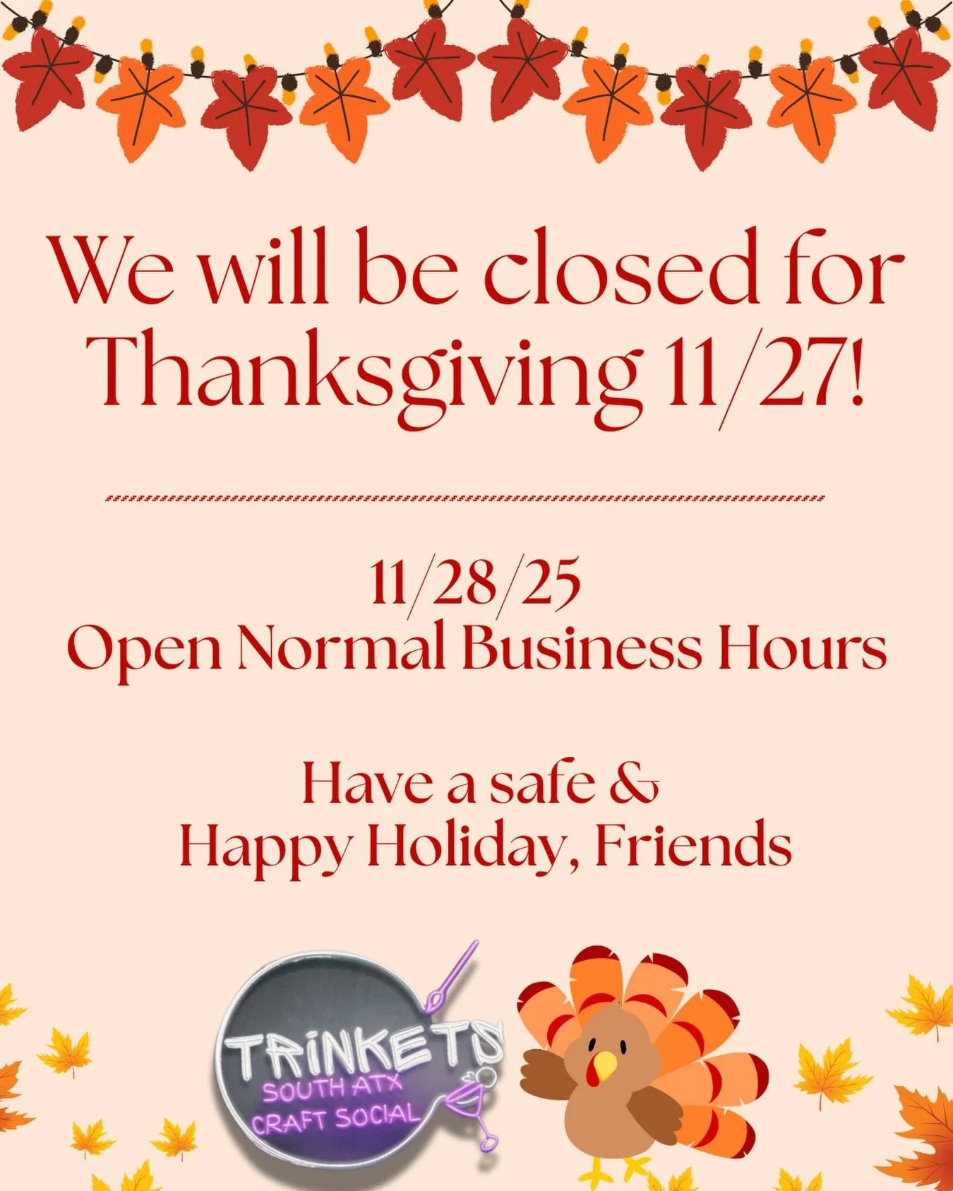 We are so THANKFUL to be apart of this community and beyond THANKFUL for the souls we have met since opening.

Thank you for being apart of our journey!! 

We will be closed on Thanksgiving for a quick recharge, but will have normal business hours on