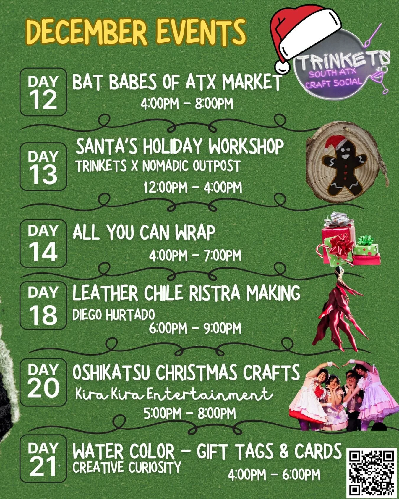 December Events at Trinkets ATX! 🌶️
Get ready for a festive month of crafting, shopping, and holiday fun at Trinkets ATX Craft Social! We have everything you need to finish your gift list and celebrate the season in style.

December Highlights:
* Da