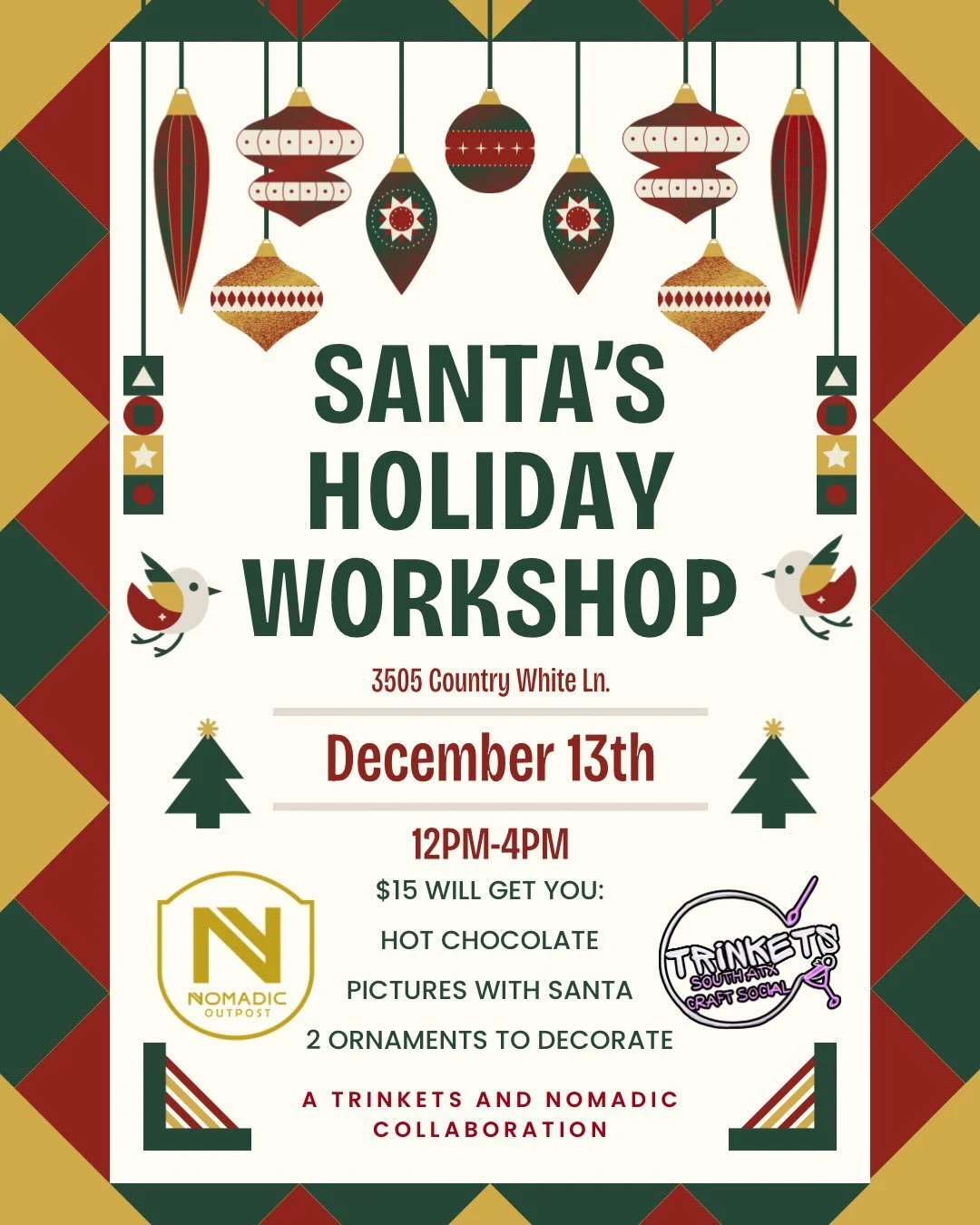 December Events at Trinkets ATX! 🌶️
Get ready for a festive month of crafting, shopping, and holiday fun at Trinkets ATX Craft Social! We have everything you need to finish your gift list and celebrate the season in style.

December Highlights:
* Da