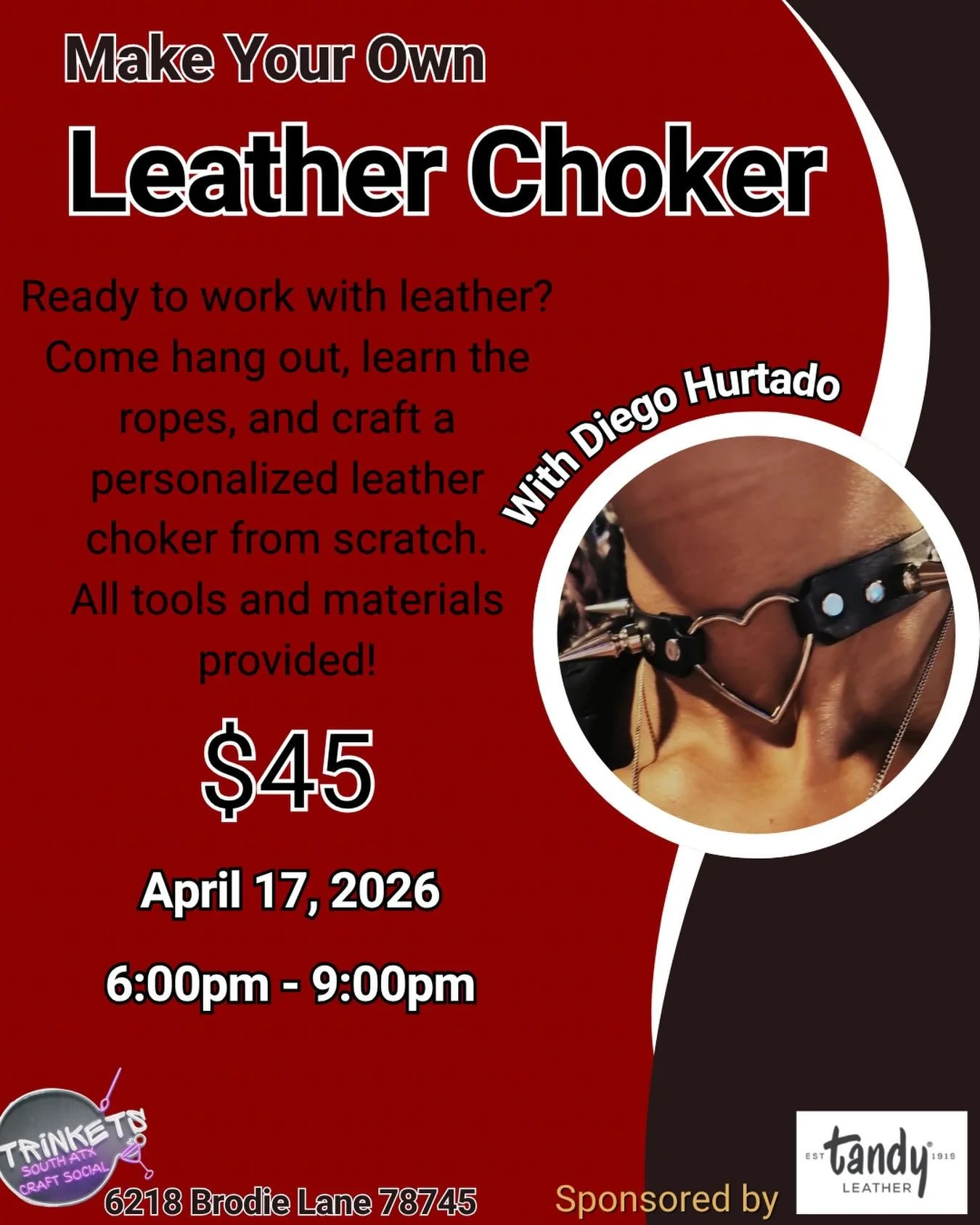 Join @thedust_thatgathers at @trinketsatx for a make your own: leather choker session. April 17 from 6pm-9pm. #atx #leatherwork #do512