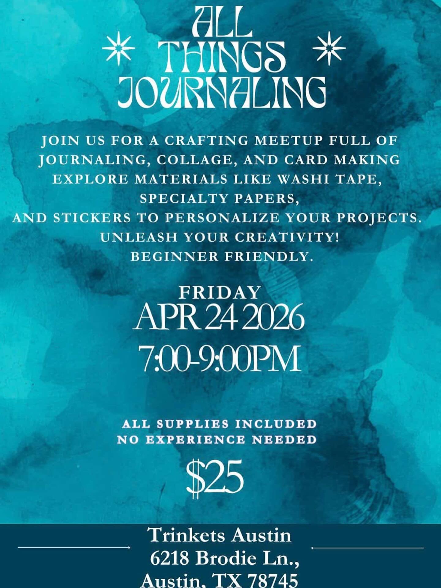 Unlock your creative potential at Trinkets Austin&rsquo;s Monthly Journaling Session with @mutualmisfits ! 

Join us for an evening of expression, self-discovery, and visual storytelling as we explore the world of journaling

Details:
* Date: Friday,