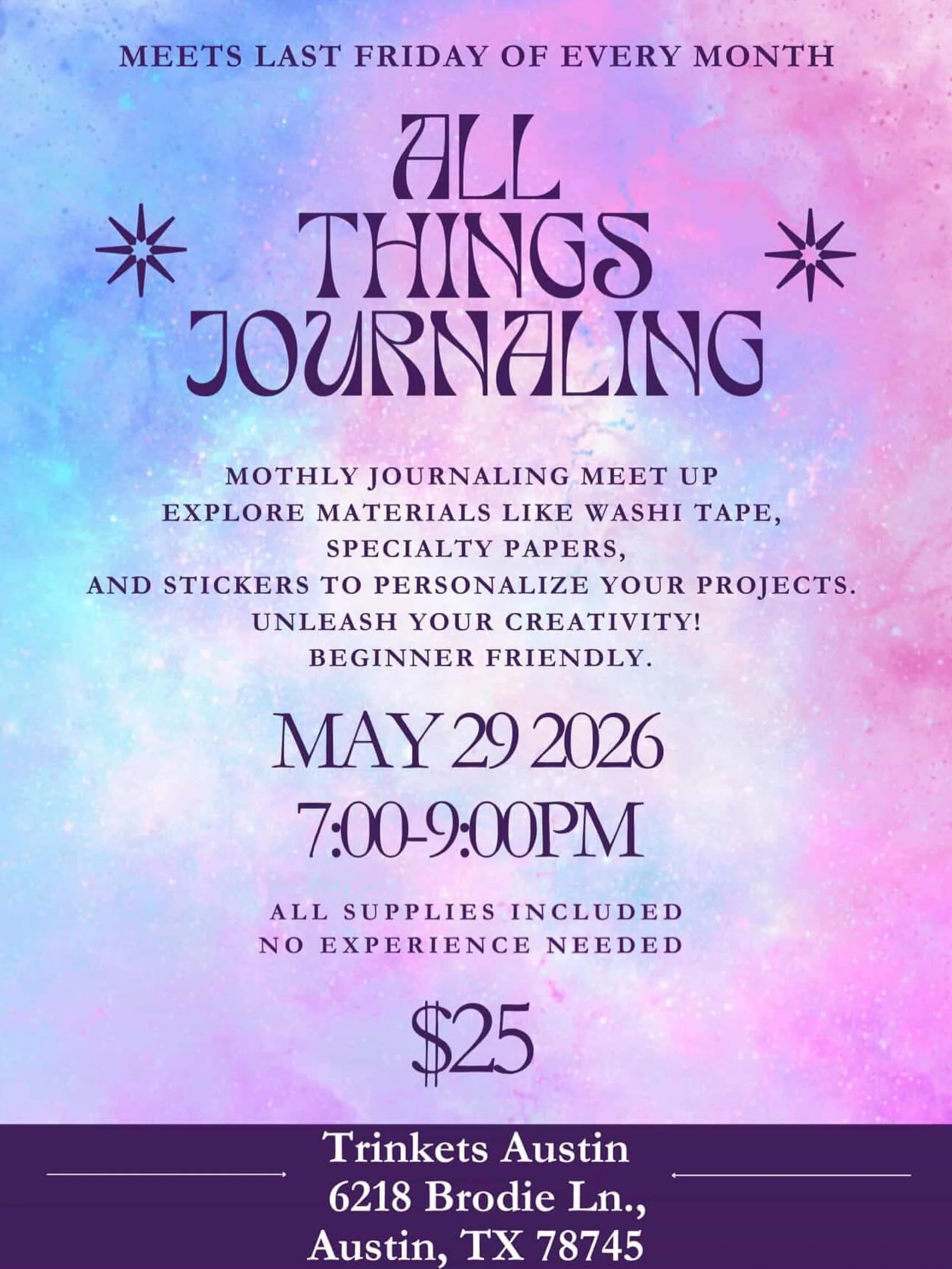 Unlock your creative potential at Trinkets Austin&rsquo;s Monthly Journaling Session with @mutualmisfits ! 

Join us for an evening of expression, self-discovery, and visual storytelling as we explore the world of journaling

Details:
* Date: Friday,