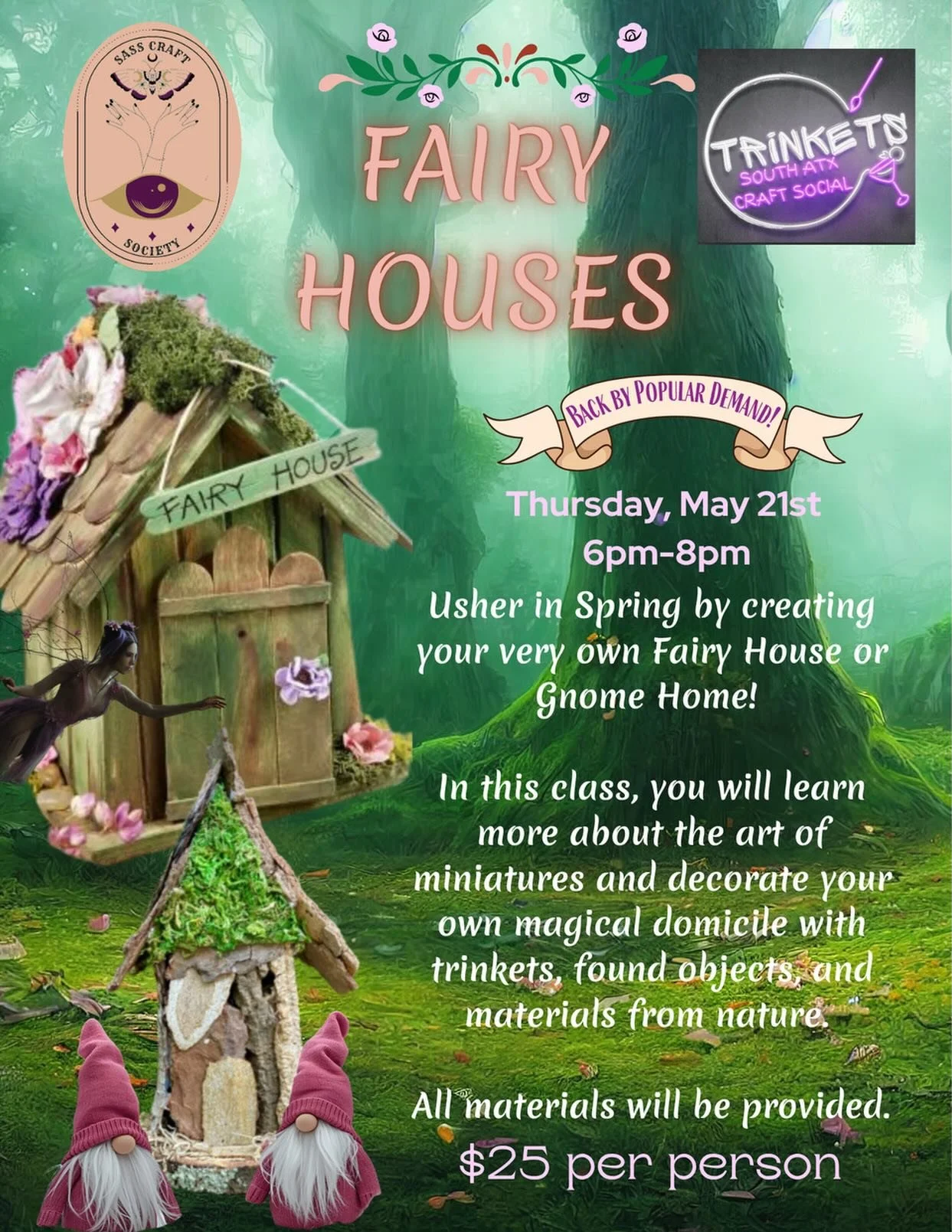✨ Create Your Own Tiny Magic ✨
Ever felt like your garden was missing a touch of enchantment? 

Join @sasscraftsociety and Trinkets South ATX Craft Social for an evening of miniature architecture and mystical making!

Whether you&rsquo;re building a 