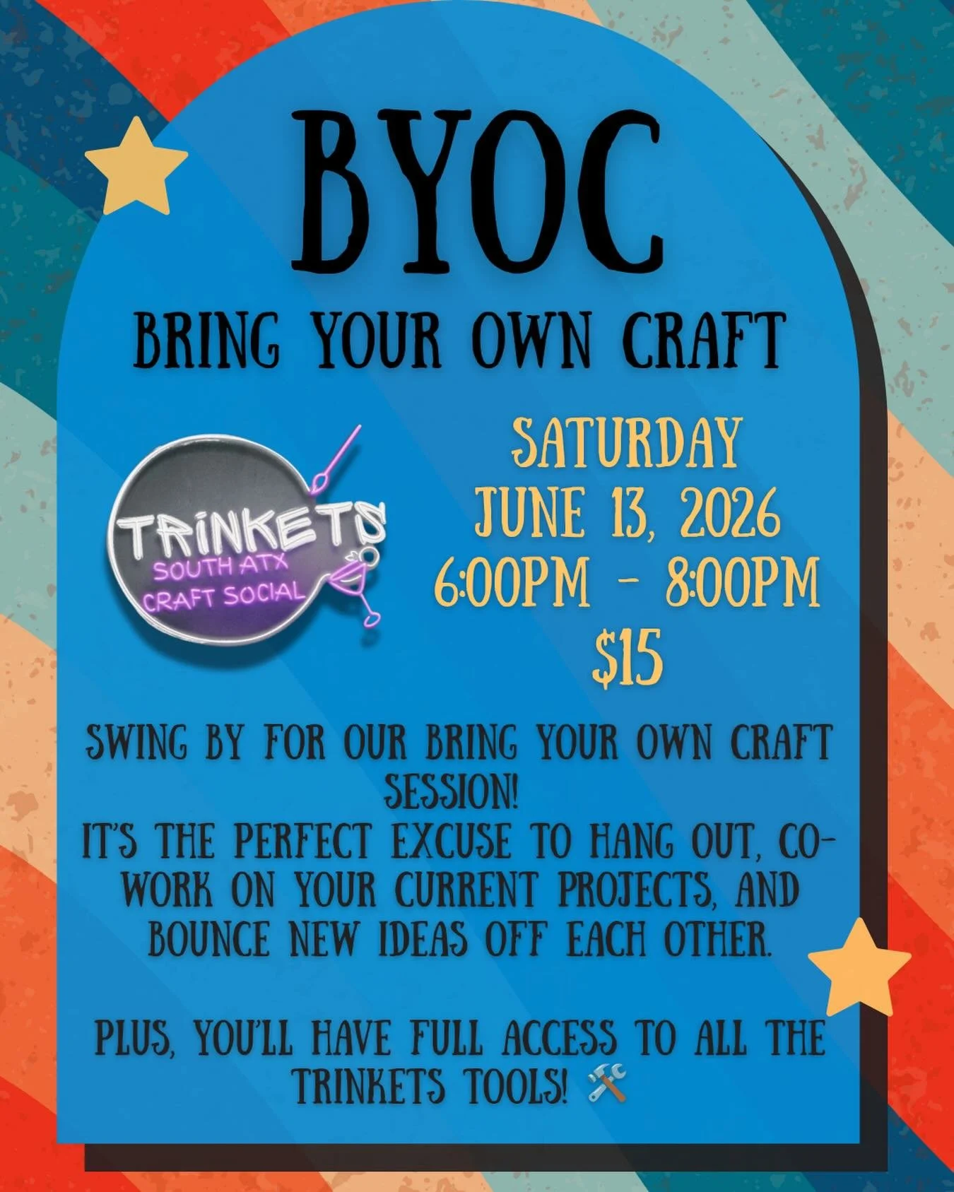 Join us for a Bring Your Own Craft session!

To kick off our 1 year anniversary festivities - We&rsquo;re bringing back an OG session - BYOC

Swing by for our Bring Your Own Craft session! It&rsquo;s the perfect excuse to hang out, co-work on your cu