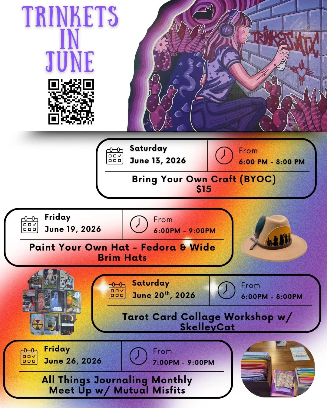 Celebrate June with Trinkets! 🎨🌵 
We have a stellar lineup of workshops to keep your creative juices flowing all month long and a few more sessions to be added ;P 

Plus, a very special celebration is heading your way... 
June is Trinkets 1 Year an