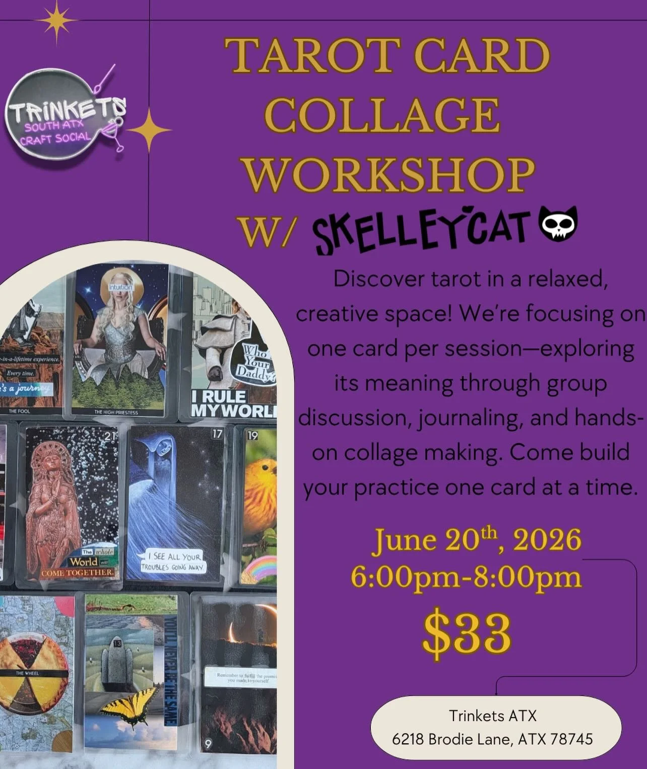 Tarot Card Collage Workshop w/ @skelleycat ⚡️🪩

Build your tarot practice one card at a time! 
Join us on June 20th from 6-8 PM for a creative night of group discussion, journaling, and hands-on tarot card collage making. 
Whether you&rsquo;re a sea