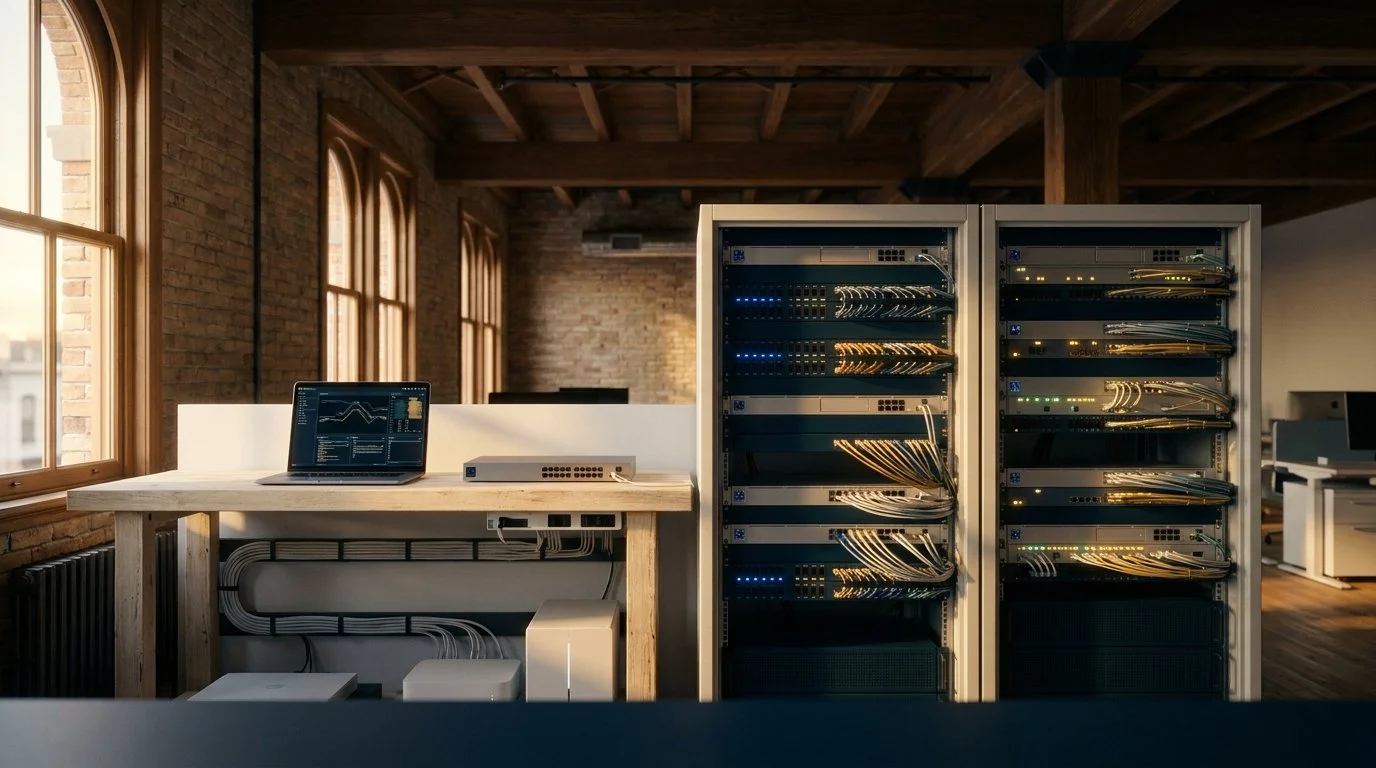 Orderly server racks and network equipment in a warm heritage office, illustrating MSP and IT services M&A and valuation trends in 2026.