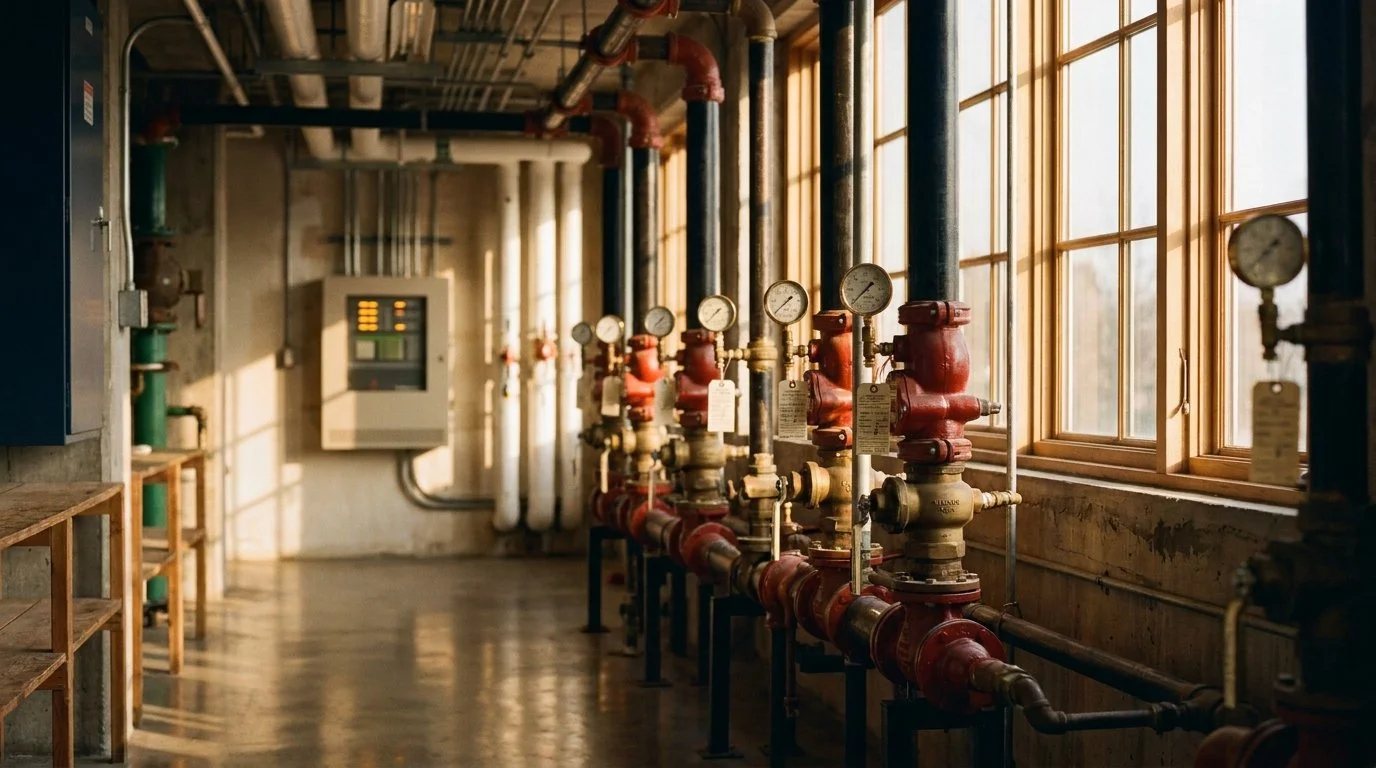 Fire sprinkler risers with brass valves and inspection tags in warm light – illustrating fire protection company M&A and valuation trends in 2026