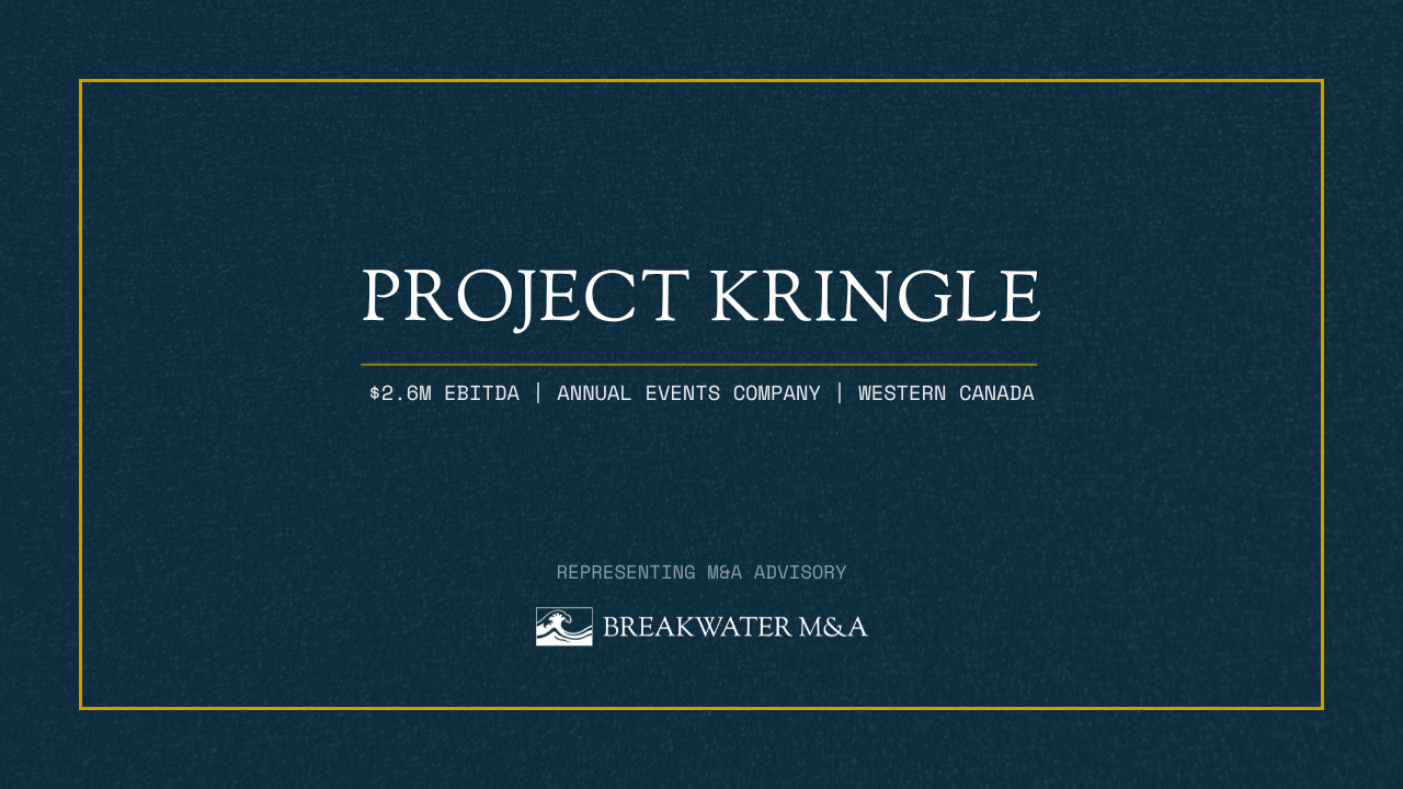 Project Kringle – Breakwater M&A confidential deal listing cover image featuring project name, tagline "$2.6M EBITDA | Annual Events Company | Western Canada," and Breakwater M&A logo on a dark navy textured background with gold border accent.
