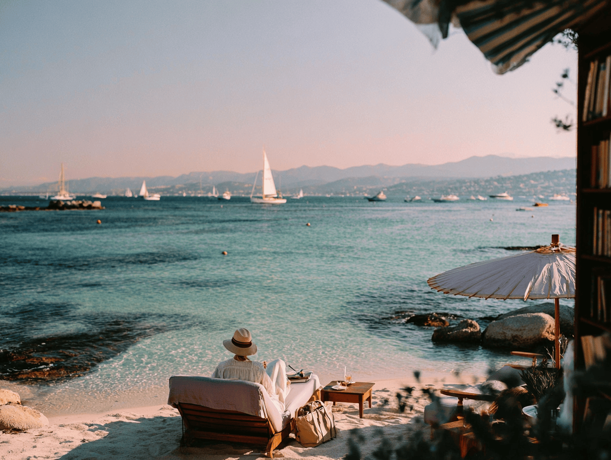Elegant Côte d’Azur beach scene with a person working remotely on a lounge chair, overlooking turquoise water and sailboats at sunset.