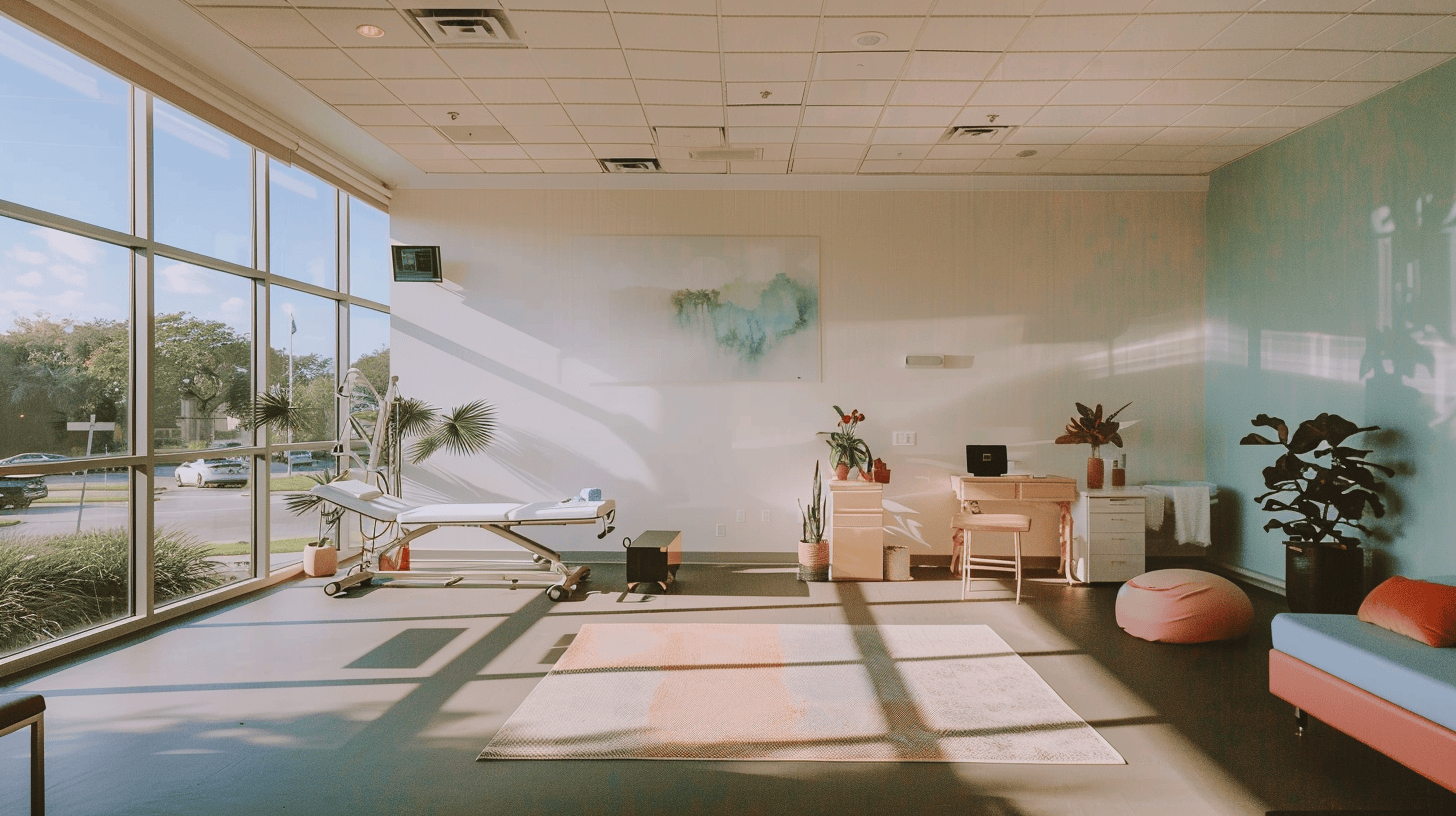 Modern physical therapy clinic interior with treatment table, natural lighting, and exercise equipment — PT practice valuation 2026
