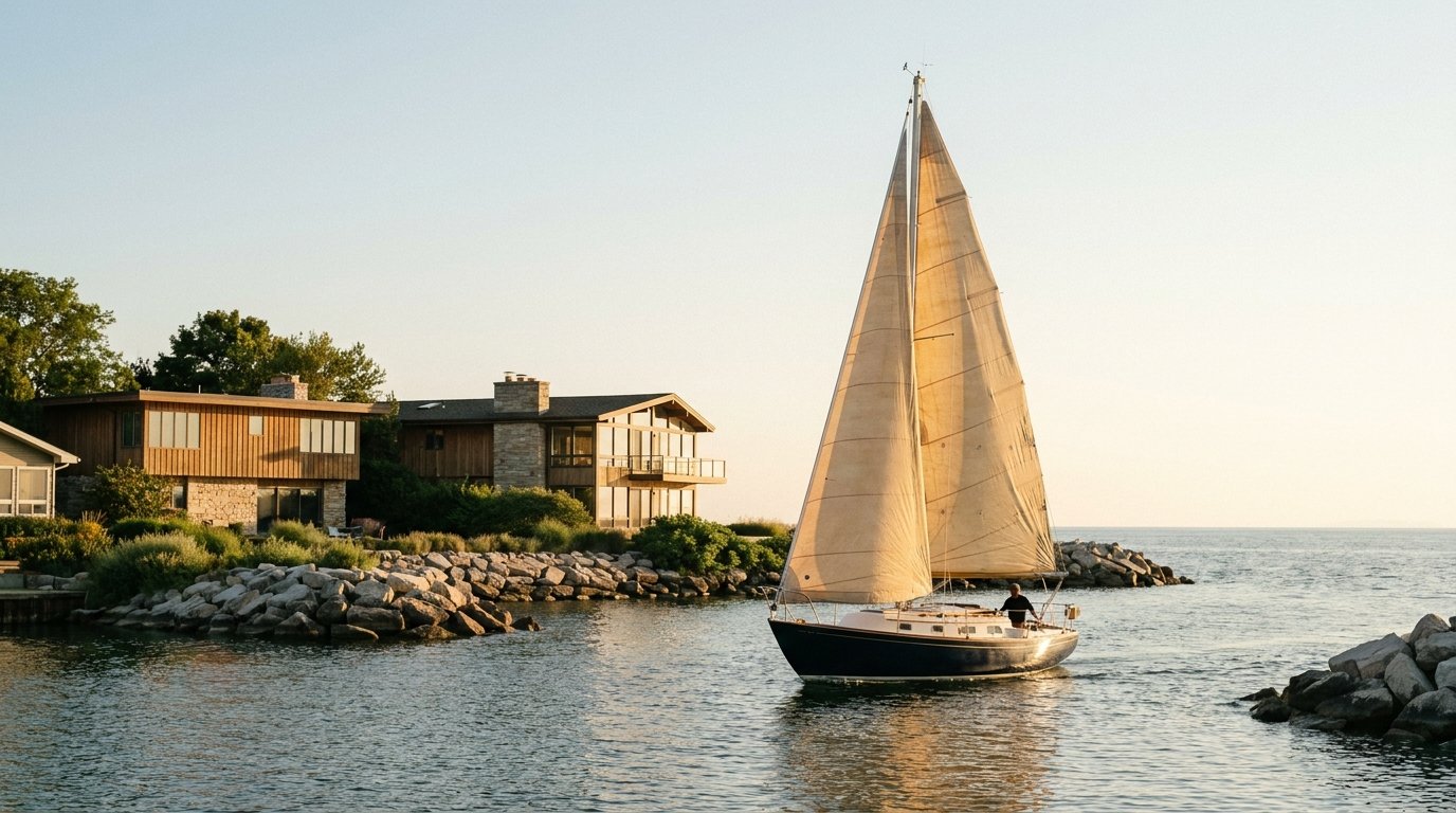 A sailboat with warm canvas sails catches golden afternoon light as it exits a sheltered harbor, evoking a founder's confident transition into a new chapter.