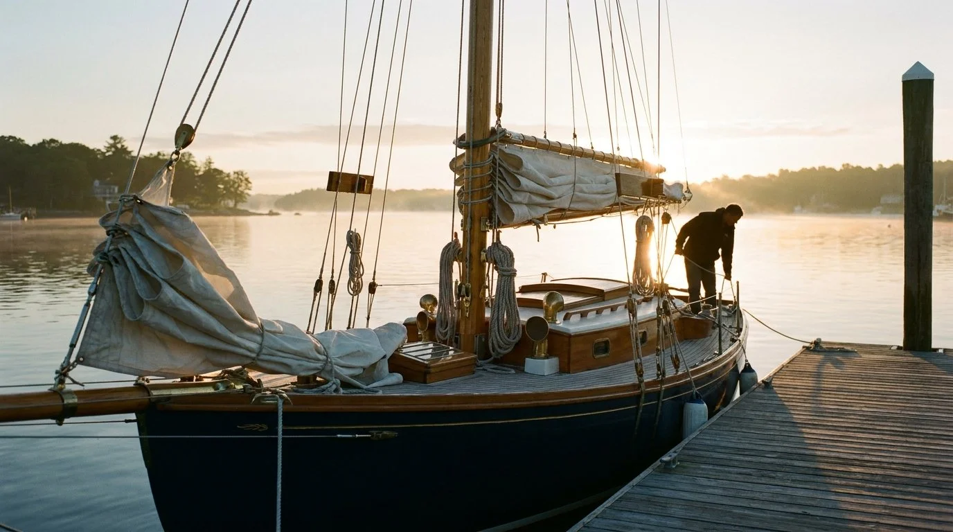 A sailboat at a quiet dock at dawn with sails furled and lines coiled, ready to leave a sheltered harbor, symbolizing a business prepared for its next chapter.
