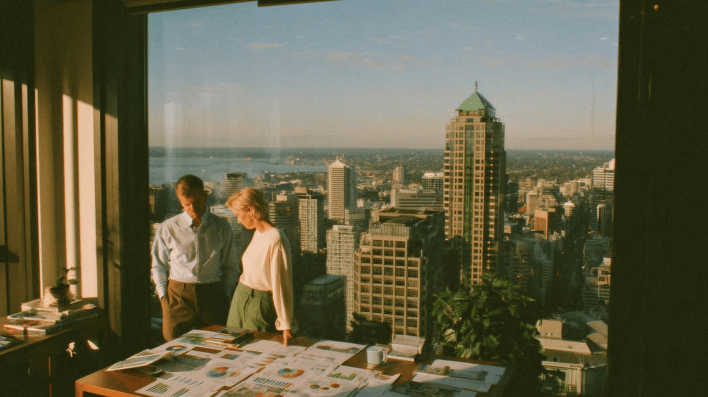 Two business professionals reviewing acquisition plans on a table covered with charts and documents in a high‑rise office, overlooking a modern city skyline at sunset.