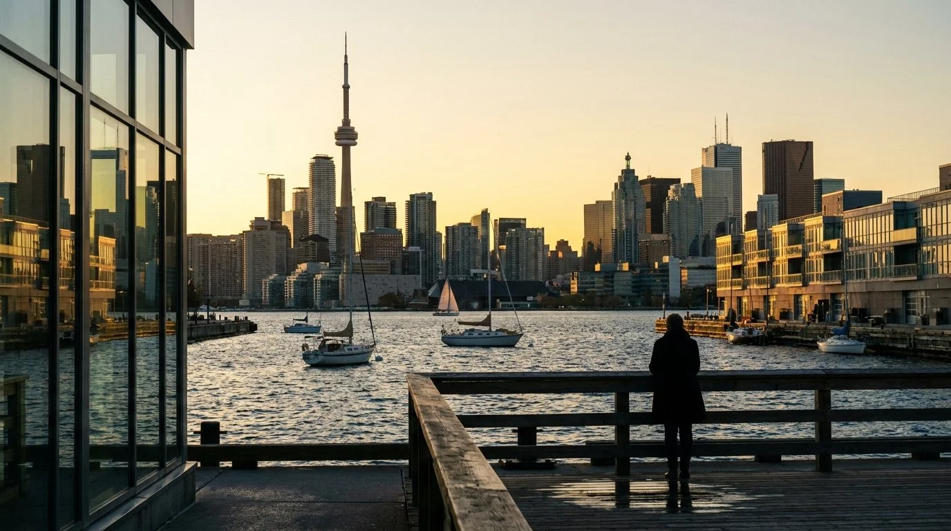 Toronto's downtown skyline glows at golden hour as seen from the waterfront, a lone figure at the railing gazing toward the horizon - evoking the quiet resolve of a business owner preparing for a new chapter.
