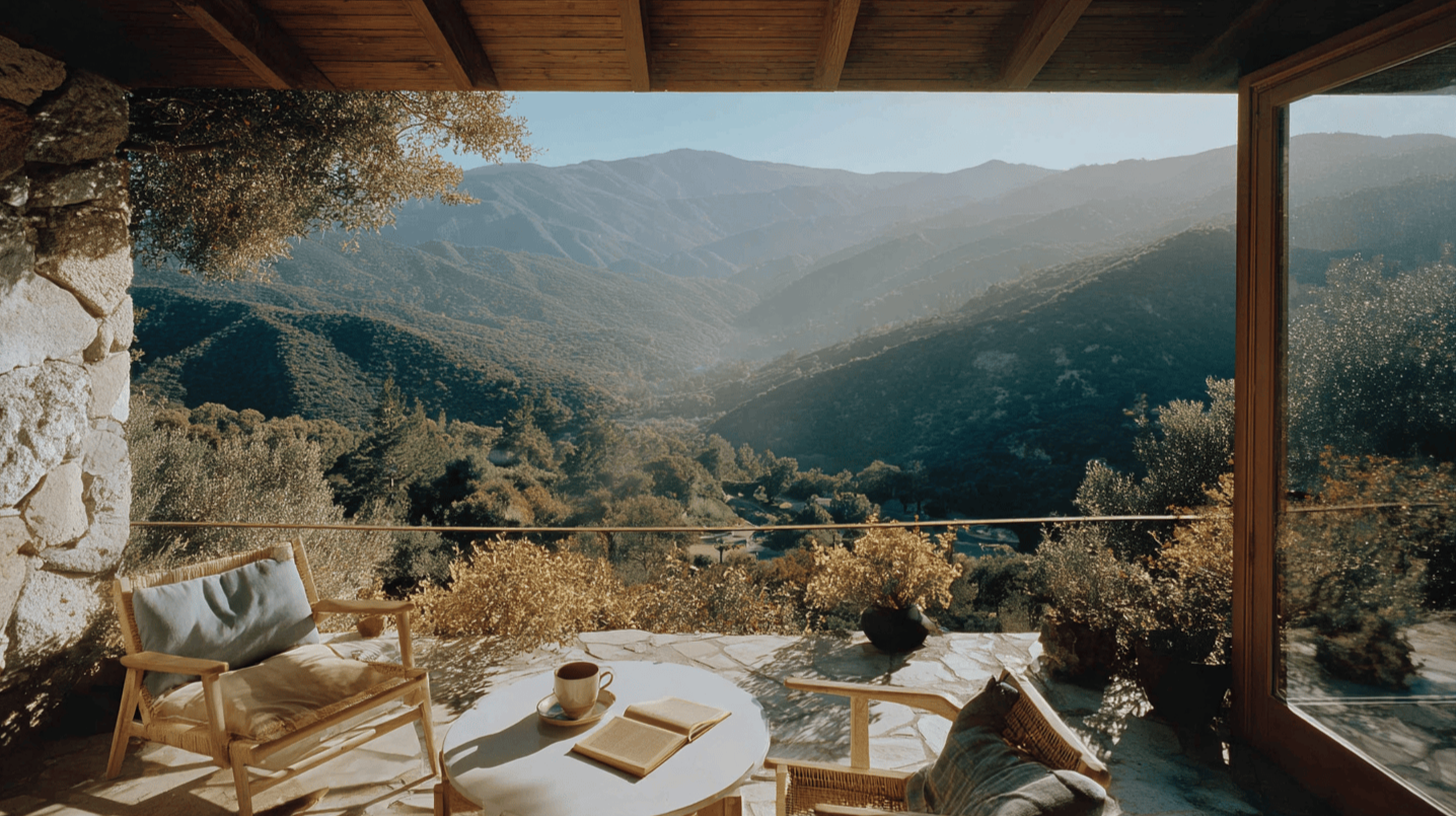 A mid-century patio railing at sunrise, morning light streaming across a teak table with a journal and coffee, rolling green hills fading into a golden horizon, evoking peaceful transition and earned freedom.