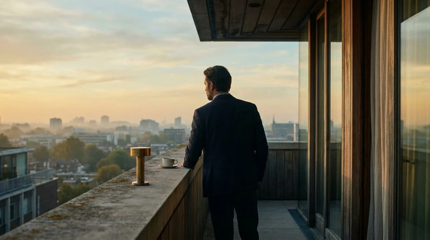 A silhouetted figure on a rooftop terrace at sunrise overlooking a hazy city skyline, with warm amber tones and a coffee cup on the railing.