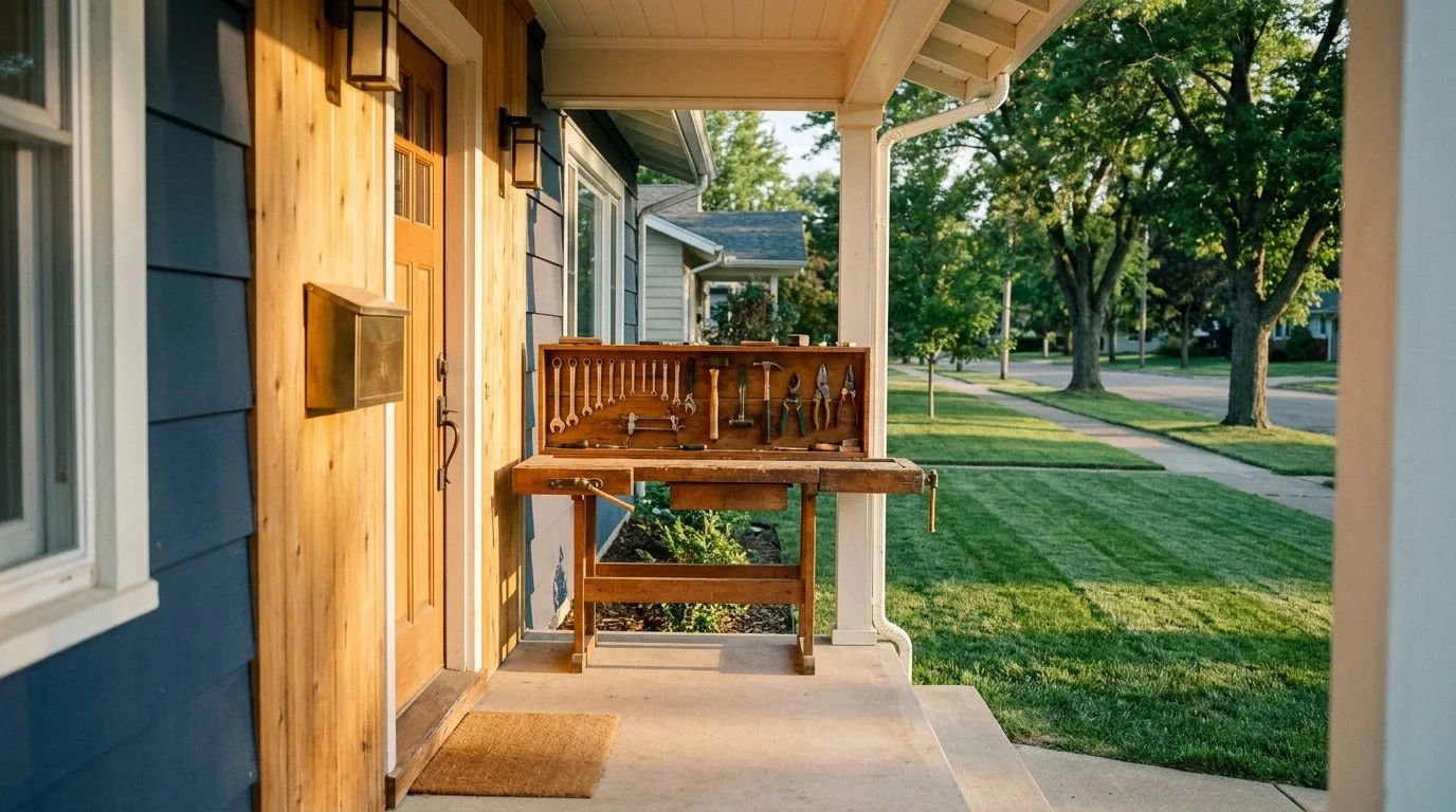 A sunlit craftsman-style front porch at golden hour with neatly arranged tools and a freshly mowed lawn, symbolizing the pride and permanence of owning a home services business.