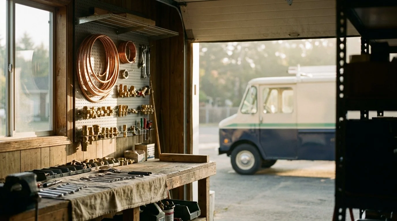 Coiled copper pipe and brass plumbing fittings on a workshop bench in warm morning light – illustrating plumbing company M&A and valuation trends in 2026