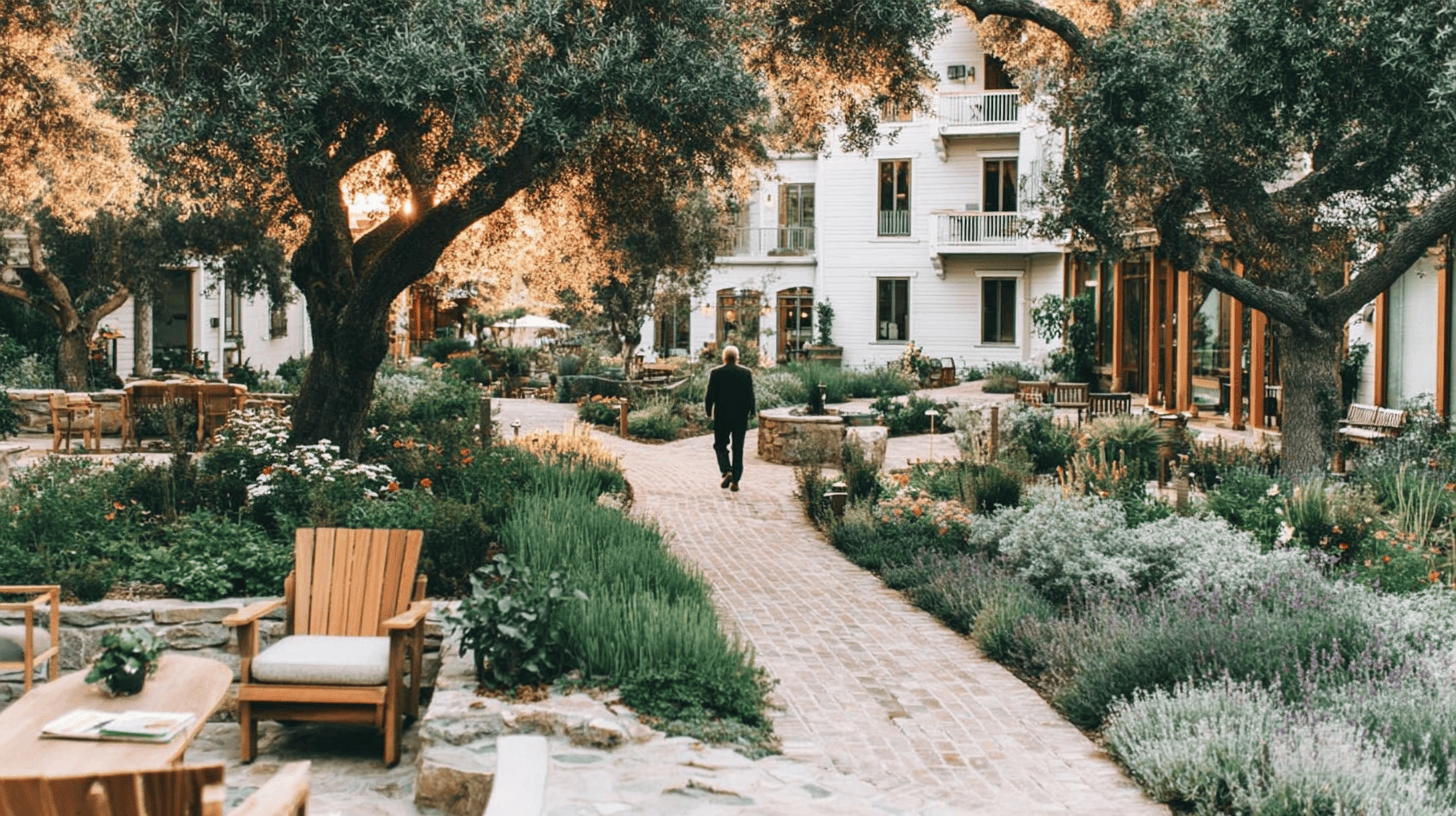 Senior living facility courtyard with mature trees and garden pathways — preparing your assisted living business for sale