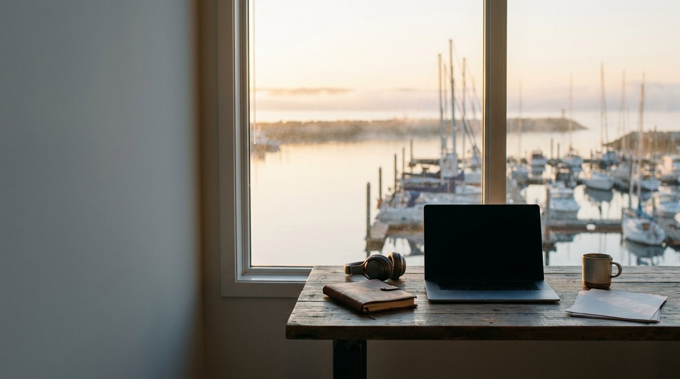 Laptop and notebook on a weathered wood desk overlooking a calm marina at sunrise – illustrating remote business M&A and digital-first company valuations in 2026