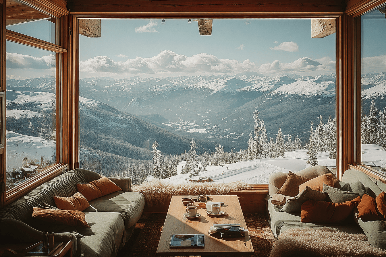 View of a sunlight living room surrounded in glass windows. Outside is a snowy mountain-side and ski resort, giving the viewer the feeling this is a post-retirement lifestyle after selling their business with Breakwater M&A.