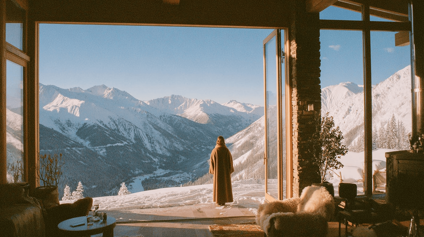 A figure standing on the terrace of an alpine chalet at dusk, warm light glowing from within as snow-covered peaks stretch across the horizon.