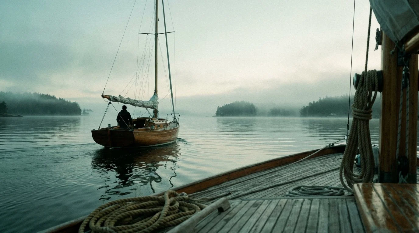 A wooden sailboat with a lone figure at the stern gliding out of a misty harbour past forested islands.
