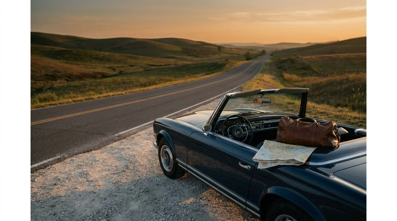 A vintage convertible parked along an open road that curves through soft green hills at sunset, golden light casting long shadows, evoking the start of a new chapter and quiet freedom.