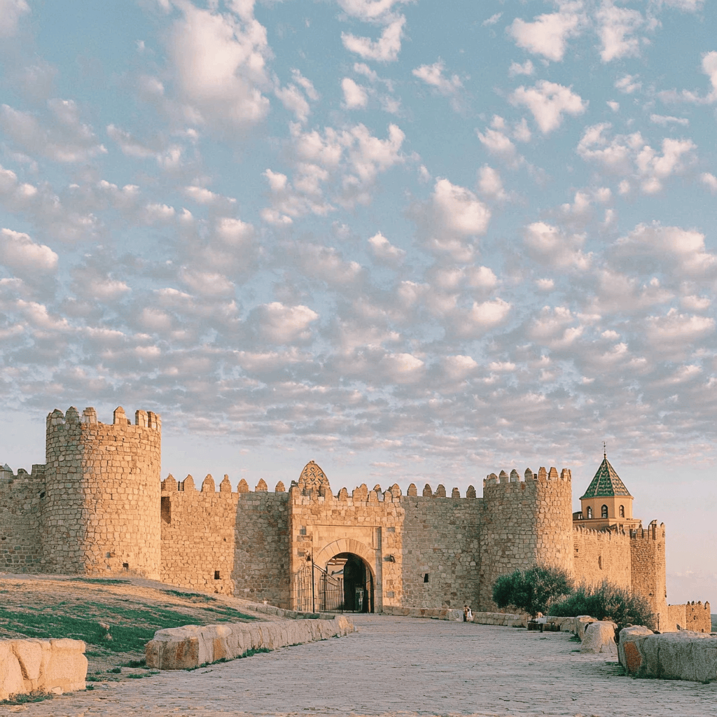 Medieval fortress with sandstone walls, round towers, and iron gate under a scattered cloud sky, symbolizing how Breakwater M&A protects seller interests during business transactions