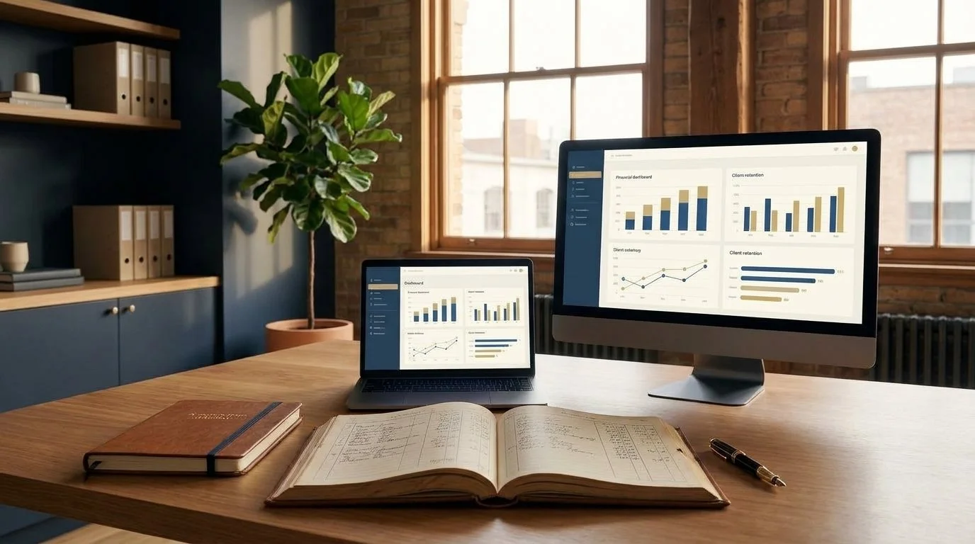 Traditional accounting ledgers beside modern financial and client-retention dashboards in a warm, contemporary office.