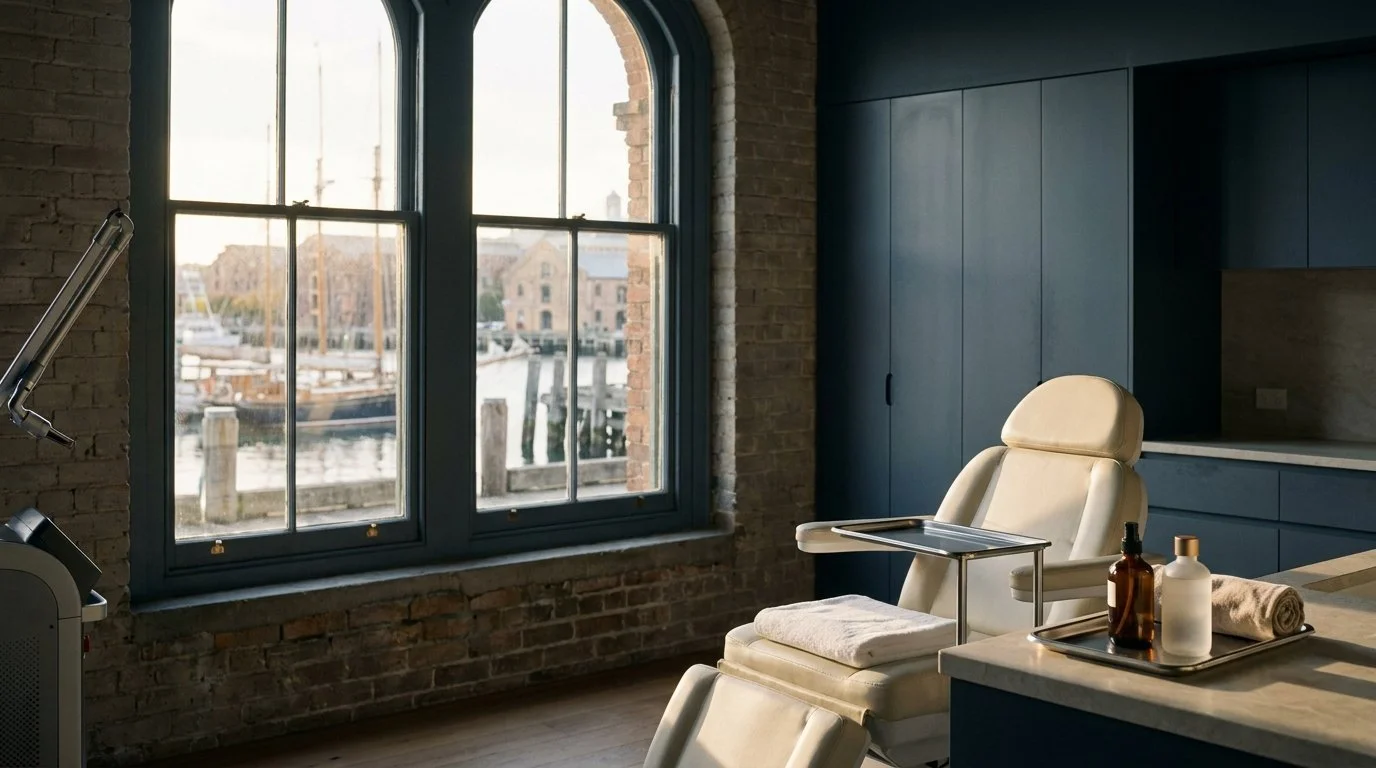 Sunlit dermatology clinic treatment room overlooking a quiet harbour, with treatment chair and skincare bottles in warm light, illustrating dermatology and skincare clinic M&A and valuation trends in 2026