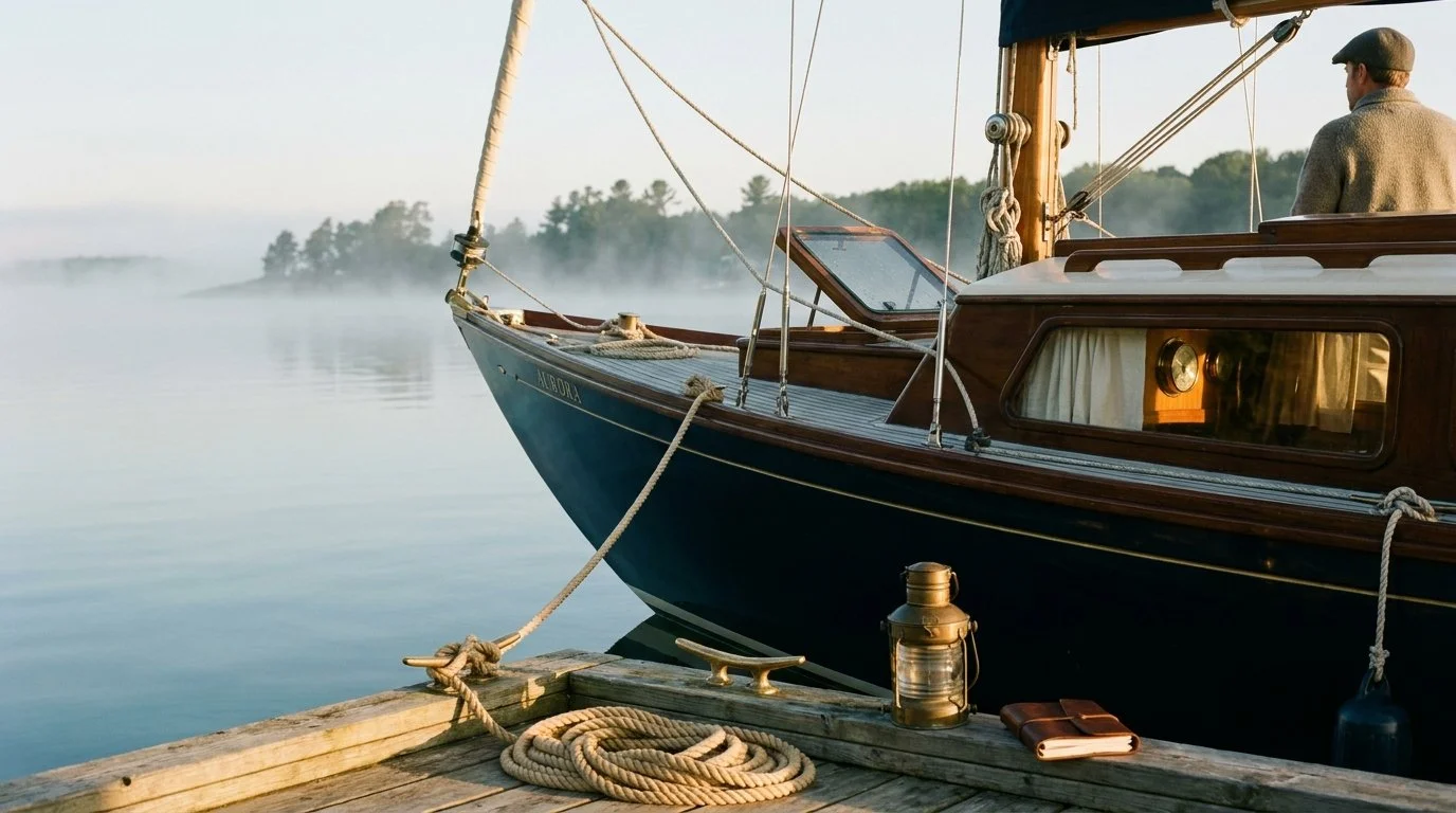 A sailboat moored at a calm harbor dock at golden hour, with warm light catching brass fittings and coiled rope, evoking careful preparation before a meaningful journey.