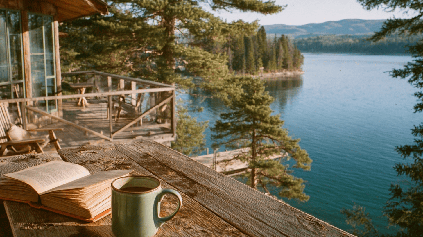 A peaceful wooden dock over a calm lake at sunrise with a journal and coffee mug, evoking a sense of earned freedom and a new chapter.